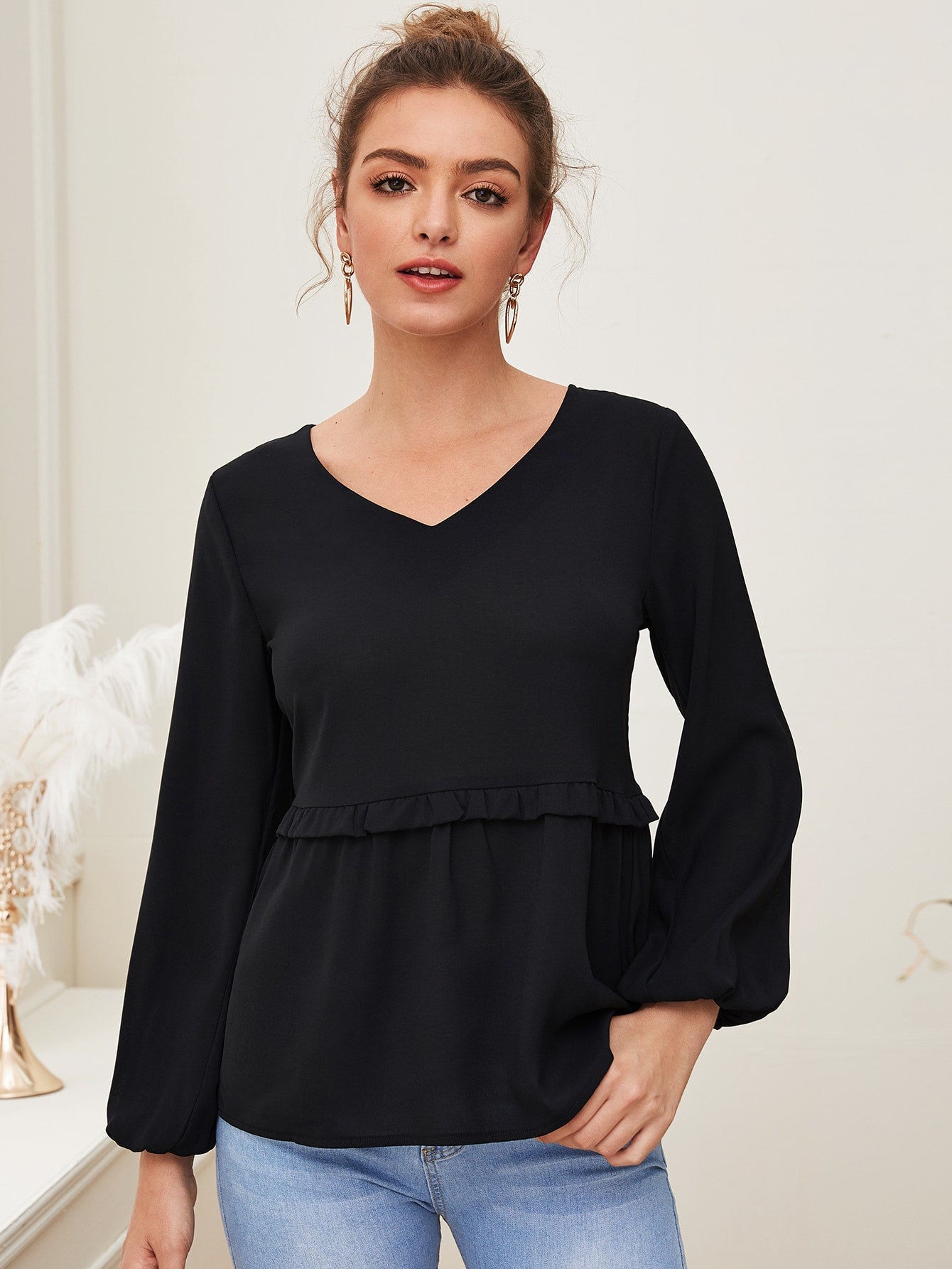 Lantern Sleeve Ruffle Hem Frill Blouse