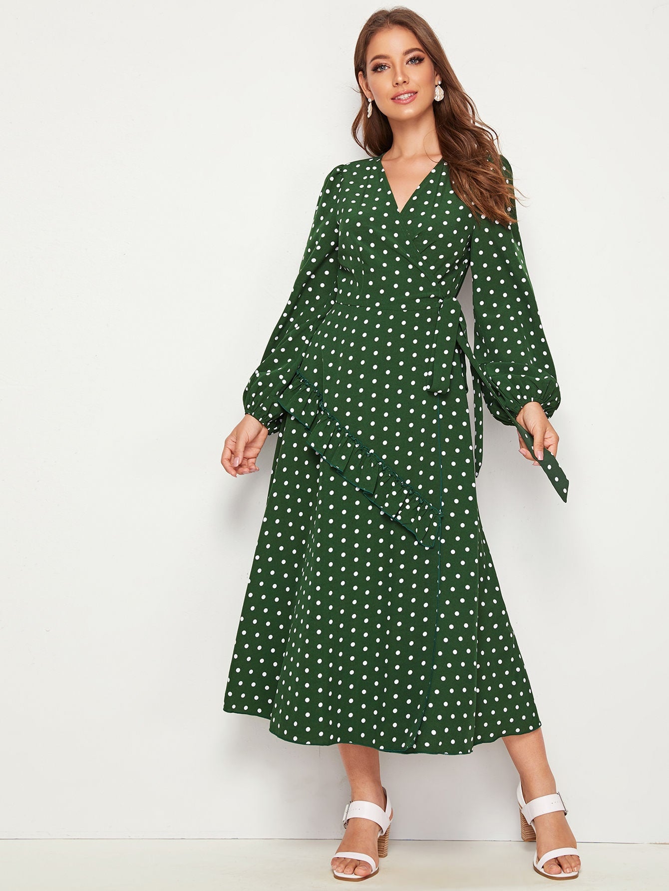 Lantern Sleeve Ruffle Trim Tie Side Polka Dot Dress