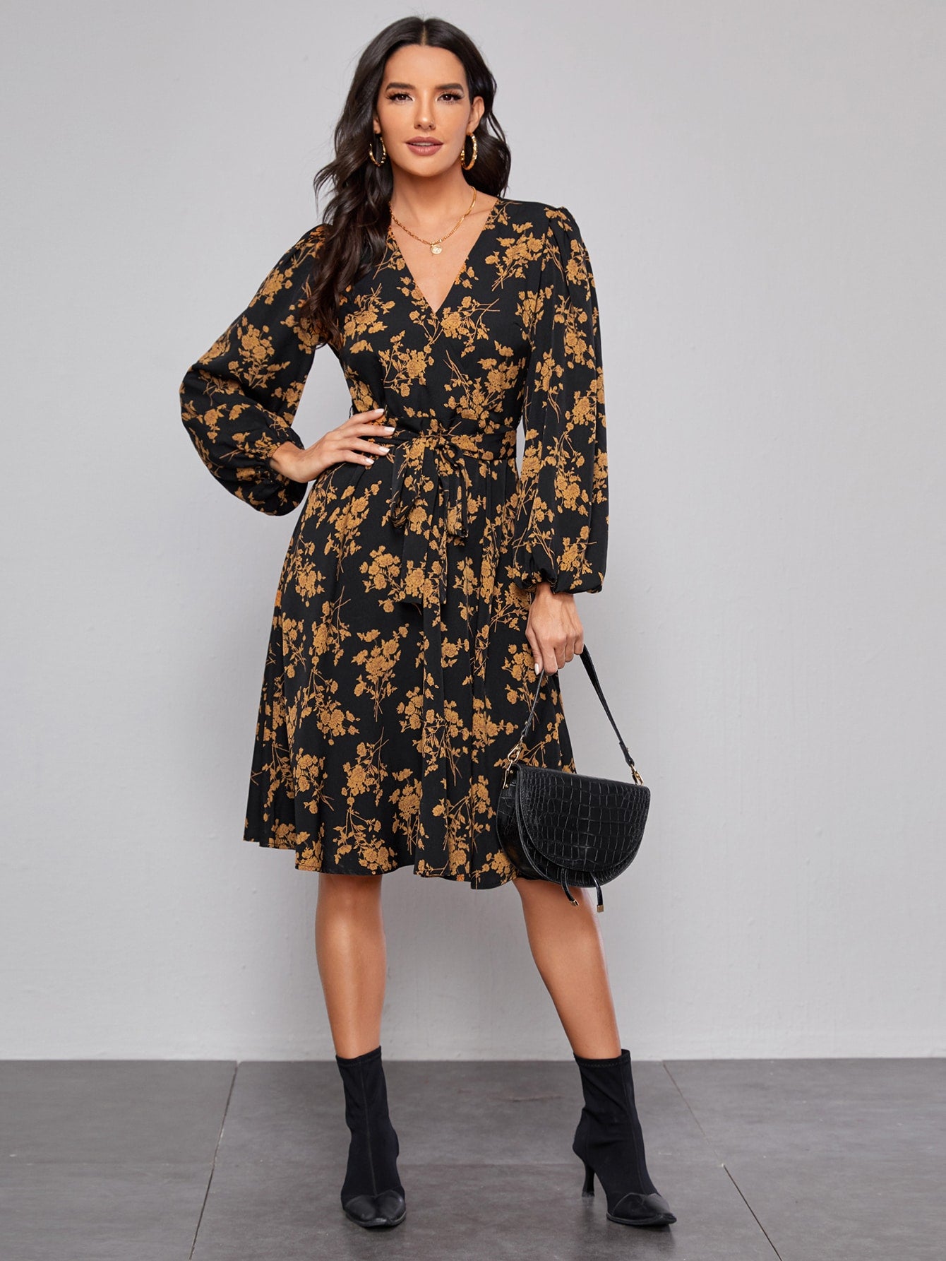 Lantern Sleeve Self Belted Floral Dress