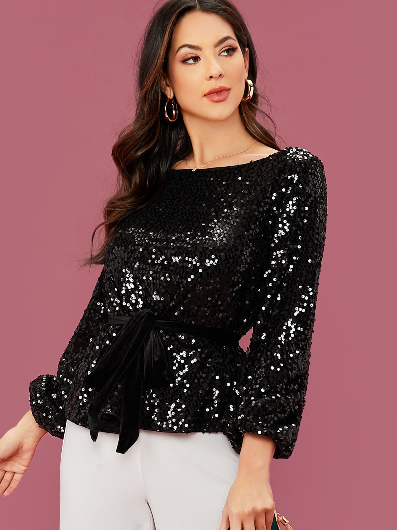 Lantern Sleeve Self Belted Sequin Top