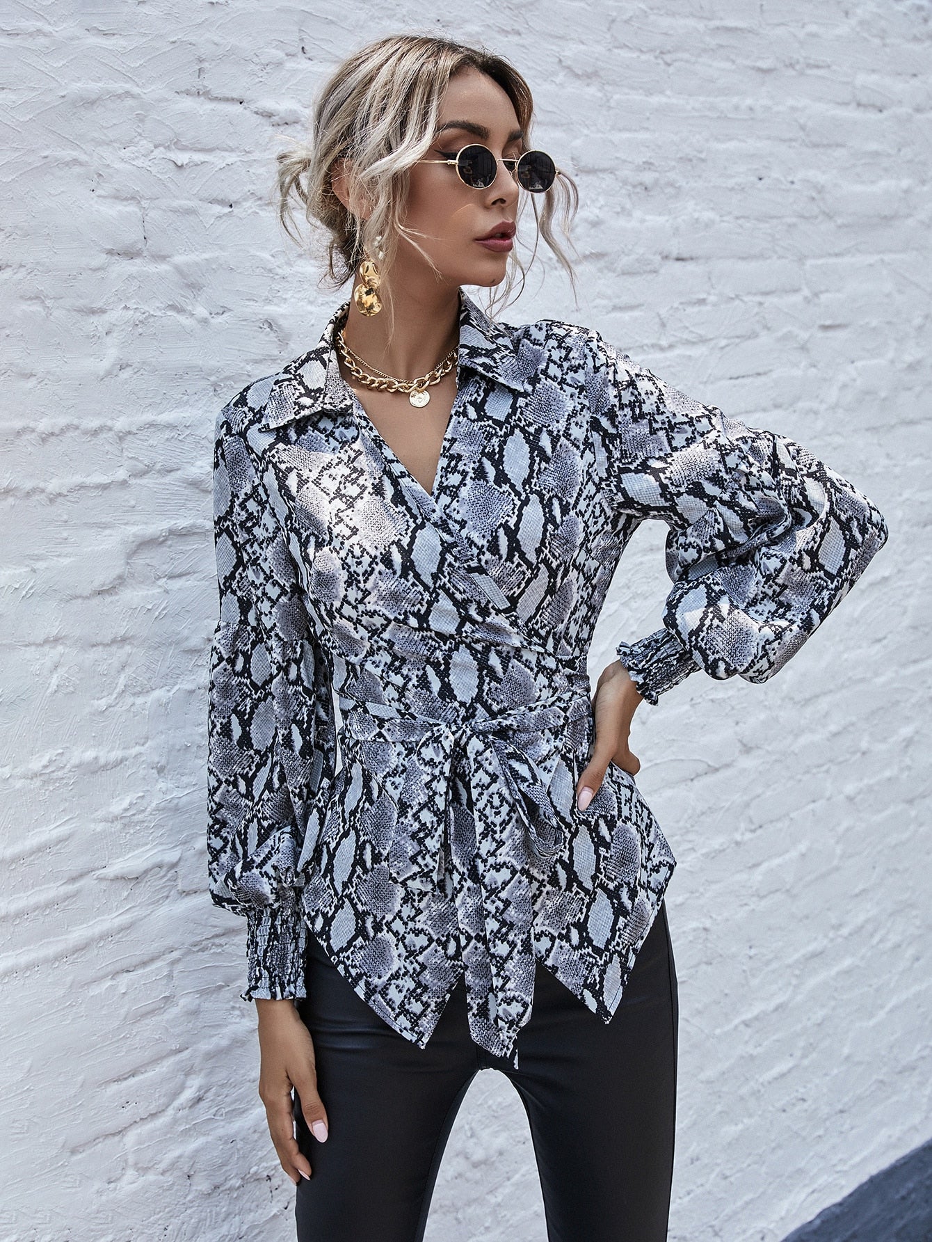 Lantern Sleeve Snakeskin Print Belted Blouse