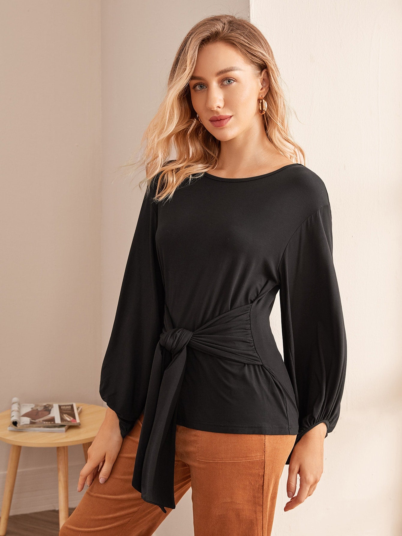 Lantern Sleeve Tie Front Top