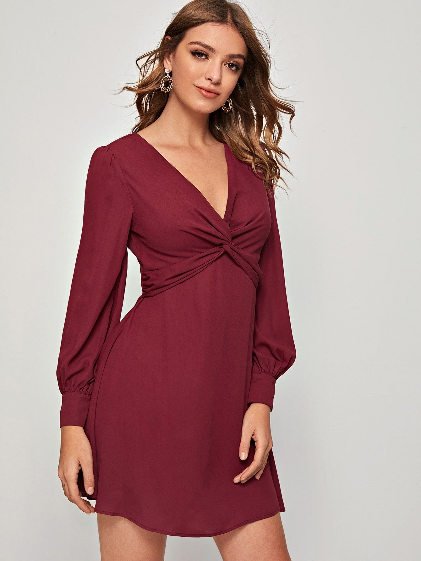 Lantern Sleeve Twist Front Swing Dress