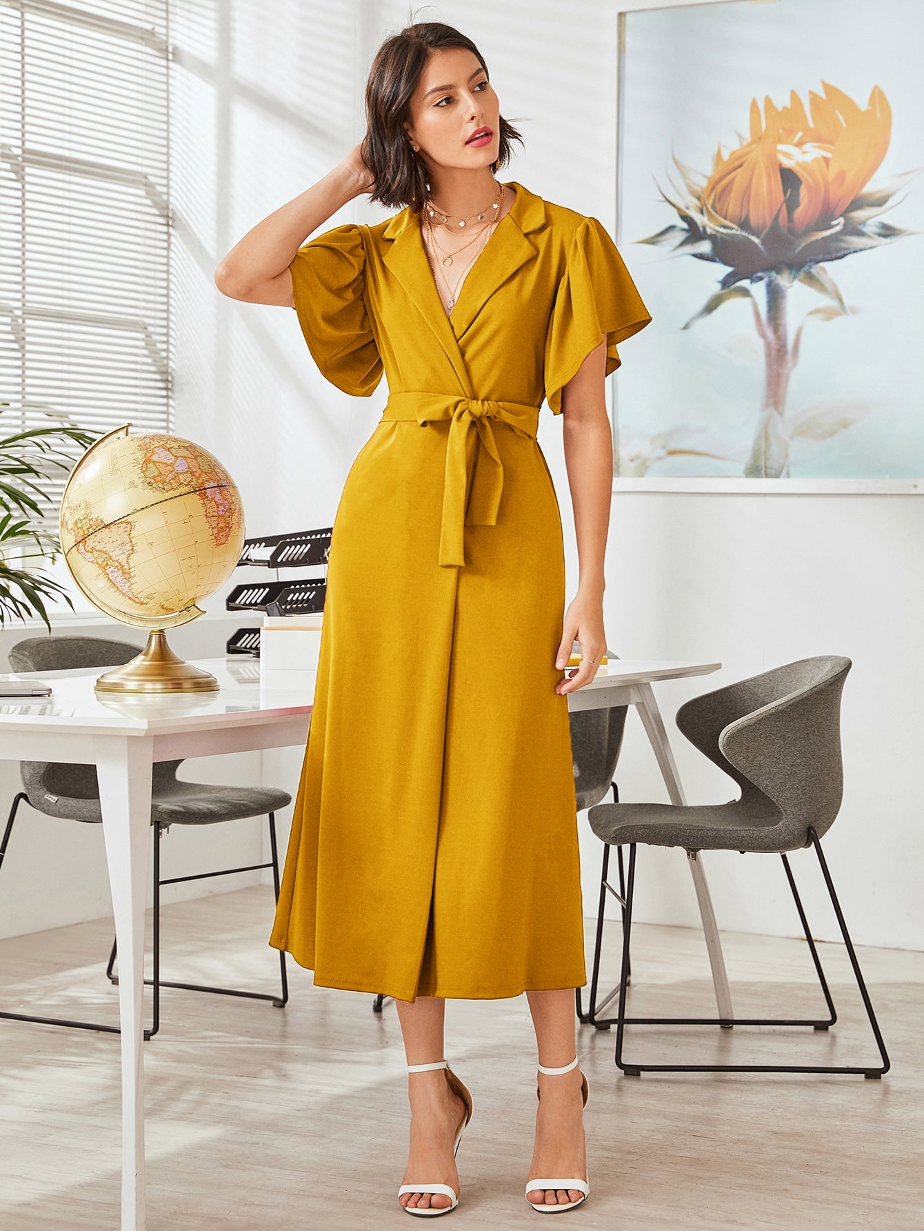 Lapel Neck Butterfly Sleeve Belted Wrap Dress