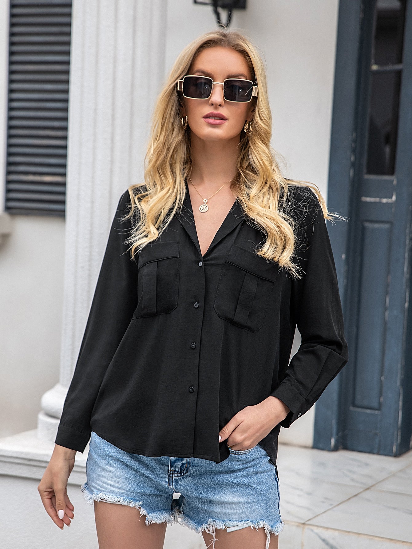 Lapel Neck Button Up Blouse