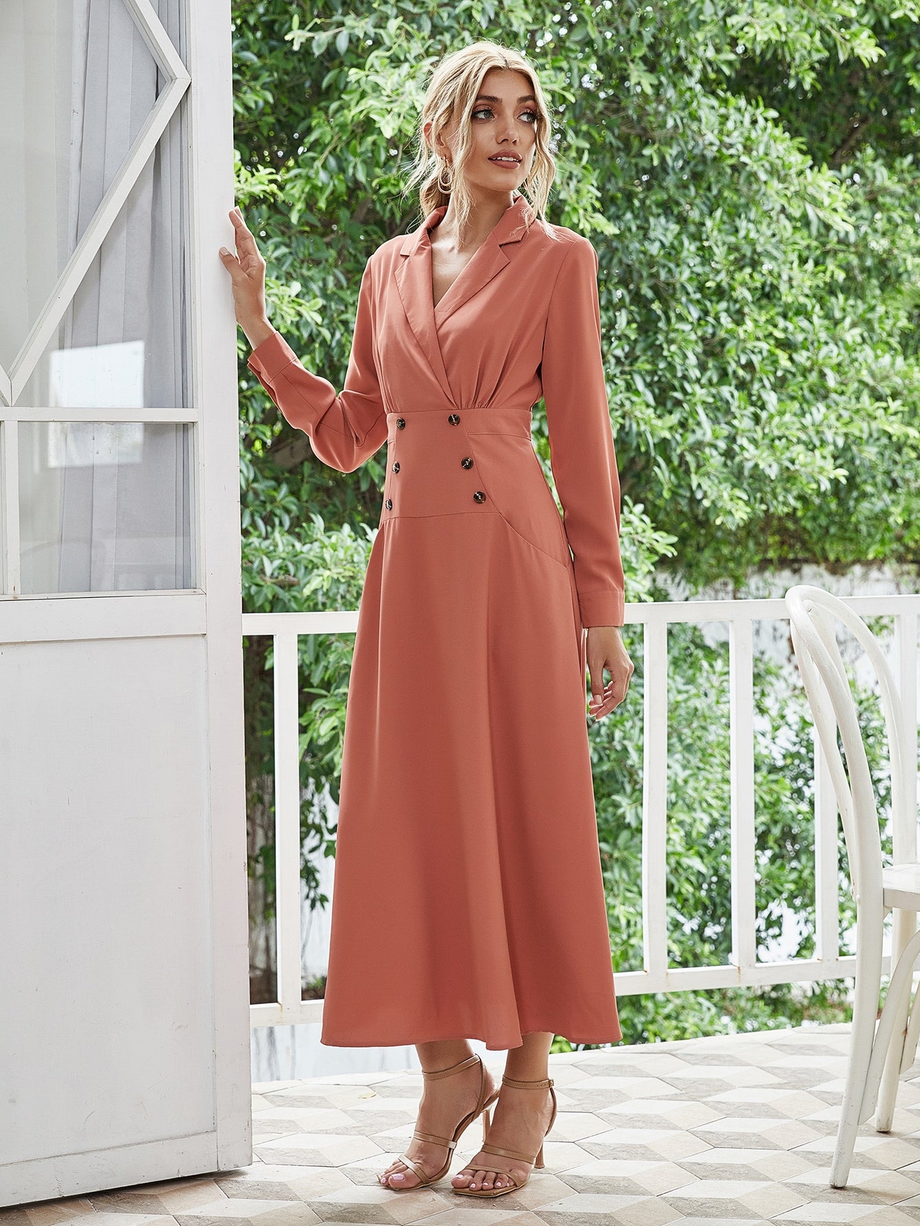 Lapel Neck Double Button Shirt Dress