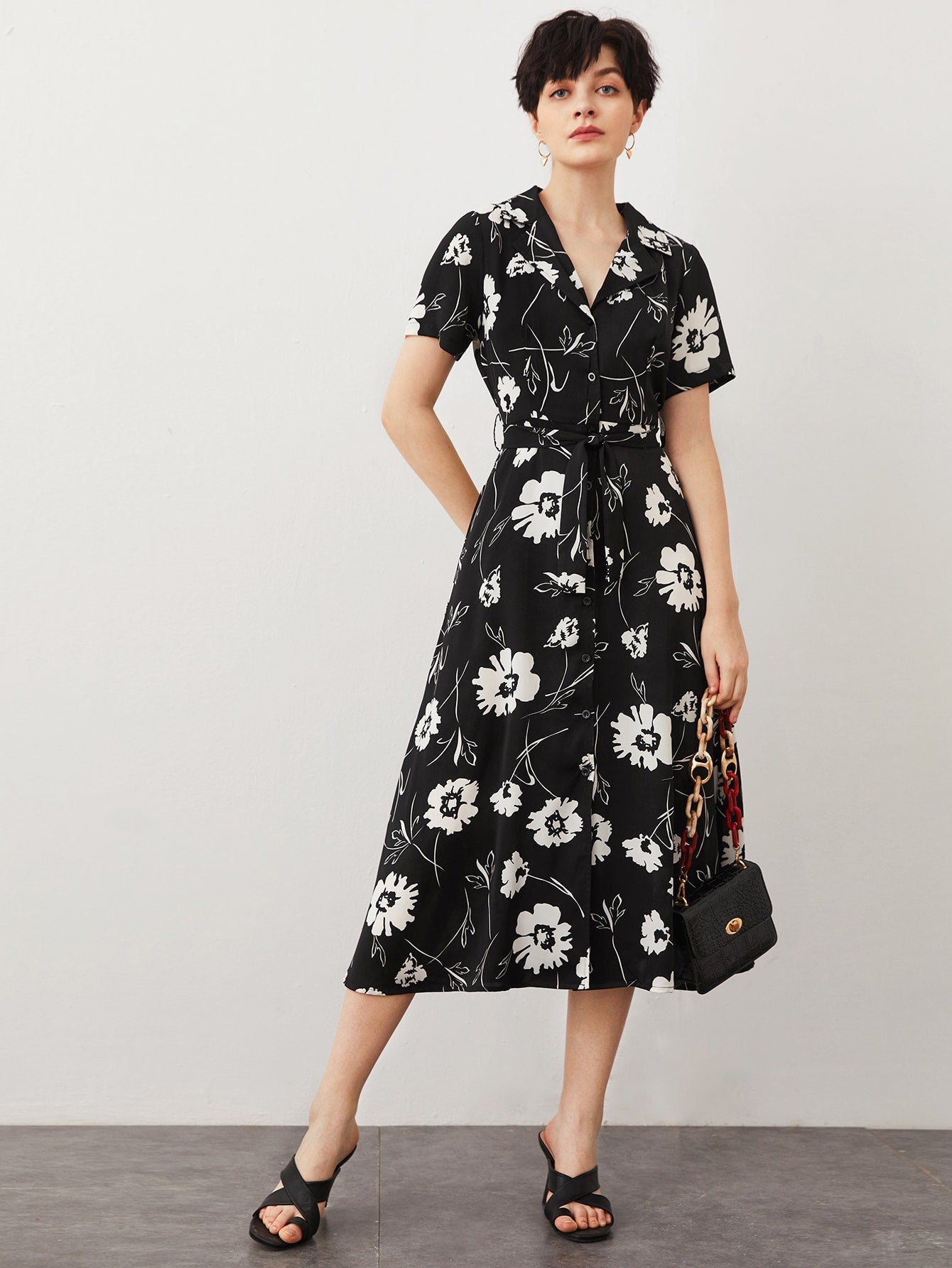 Lapel Neck Floral Belted Shirt Dress