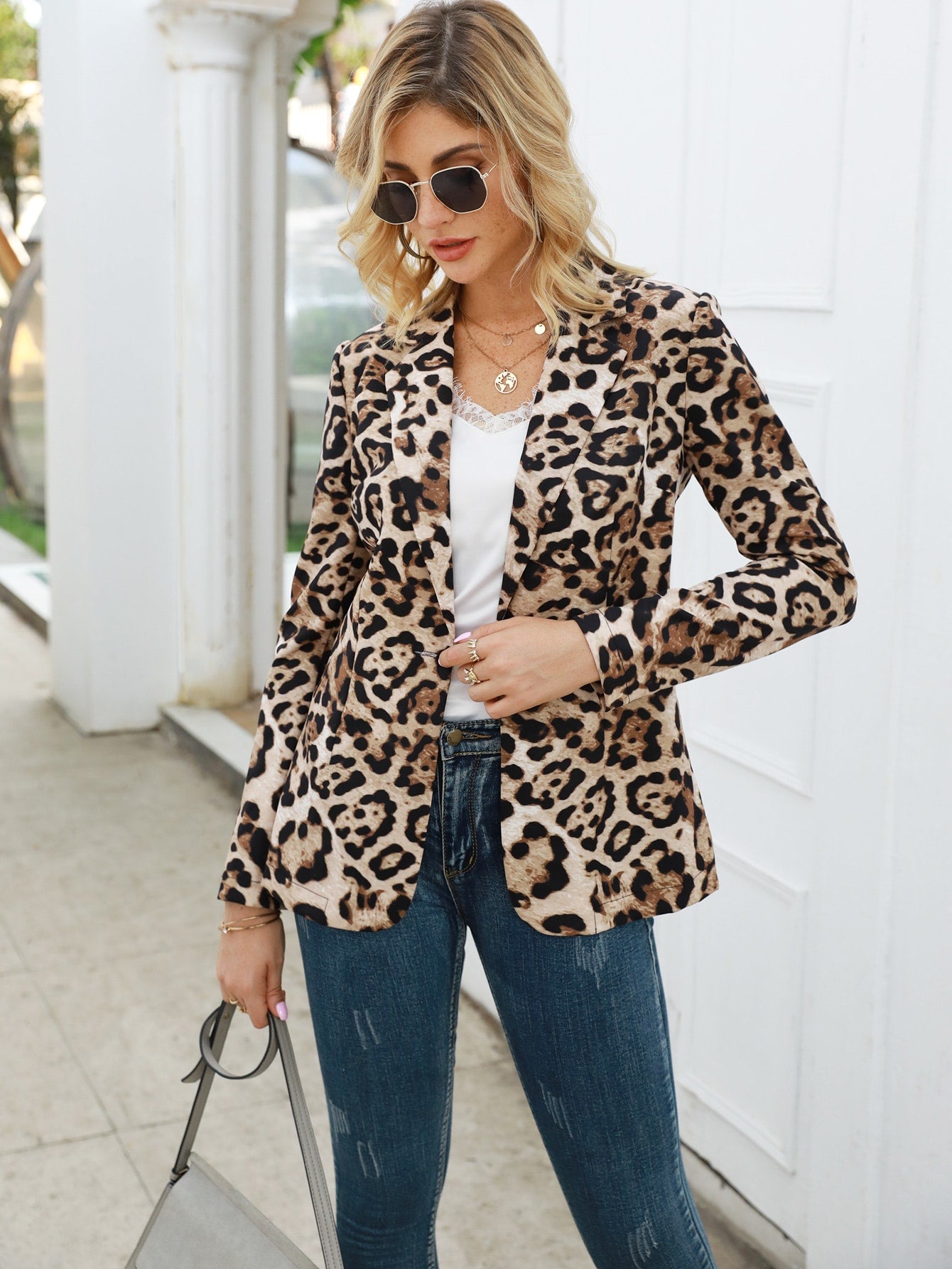 Lapel Neck Leopard Print Blazer