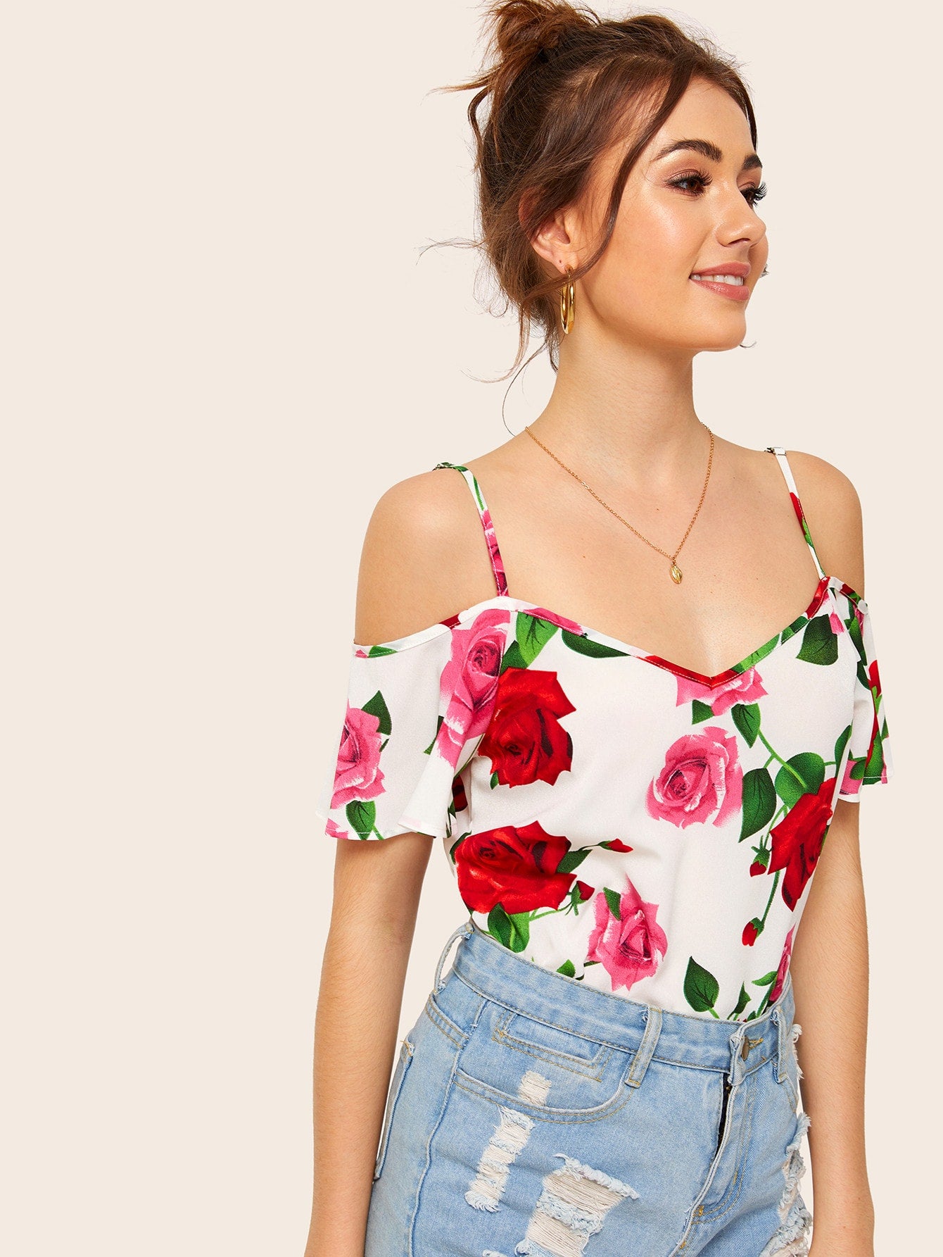 Large Floral Print Cold Shoulder Cami Blouse