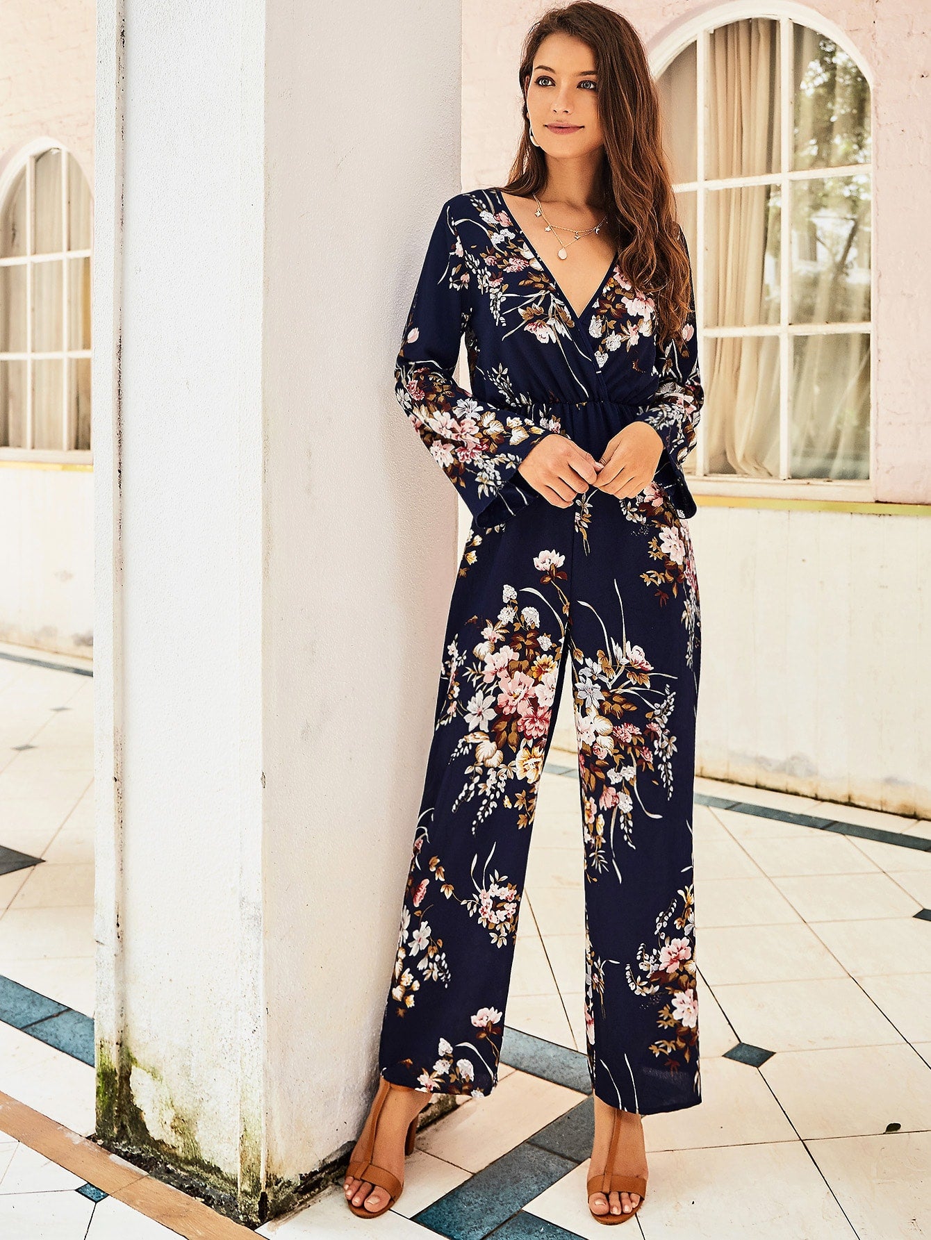 Large Floral Print Surplice Jumpsuit