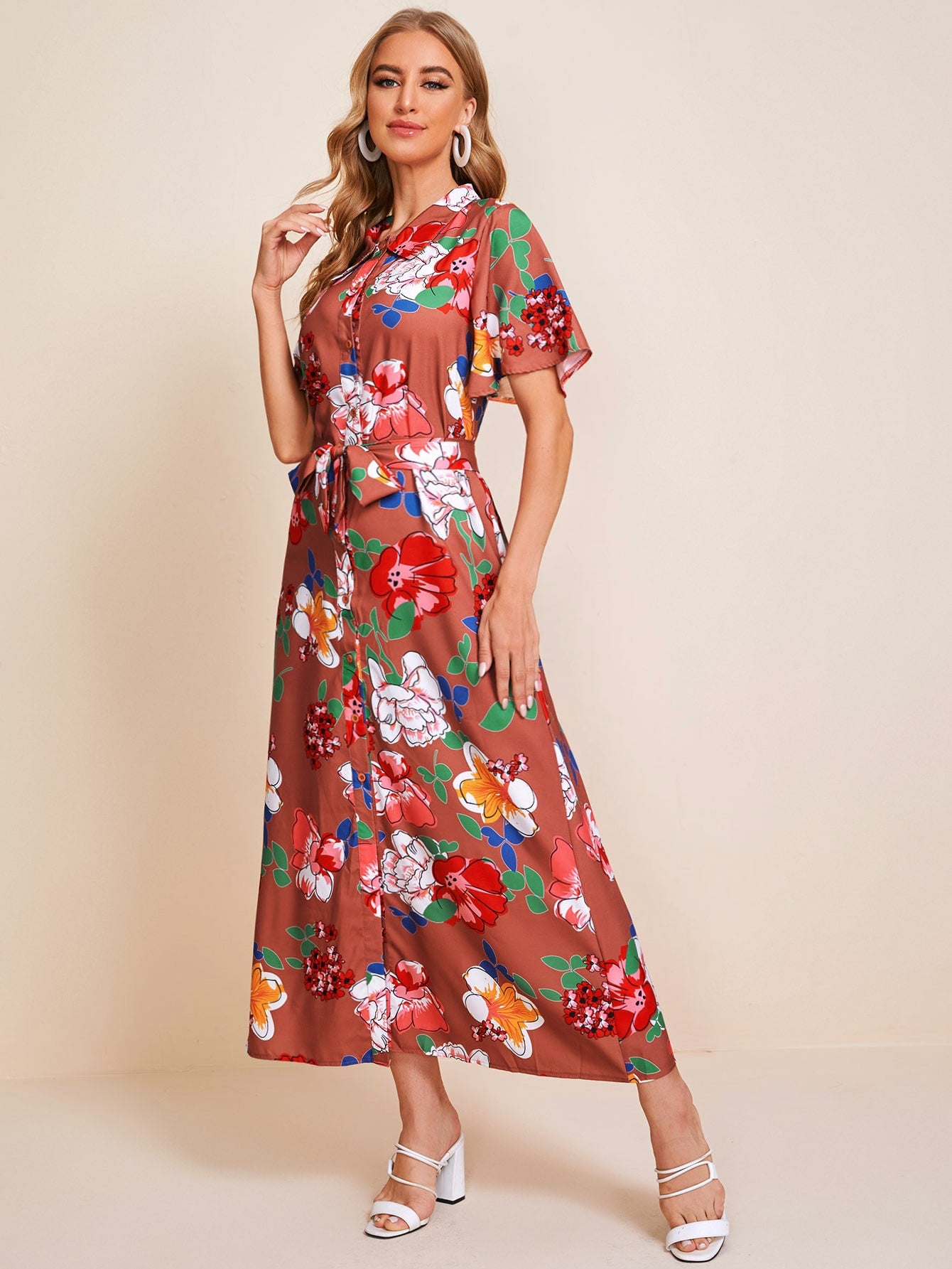 Large Floral Self Tie Button Up Shirt Dress