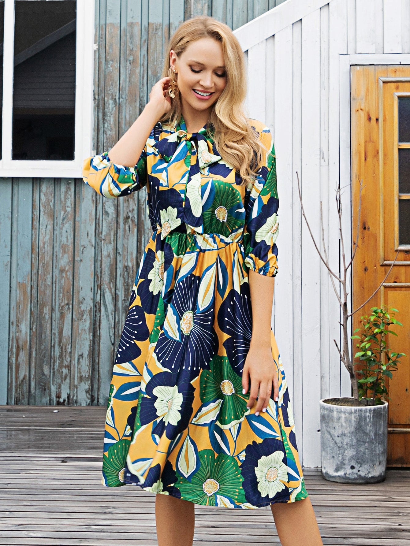 Large Floral Tie Neck Dress