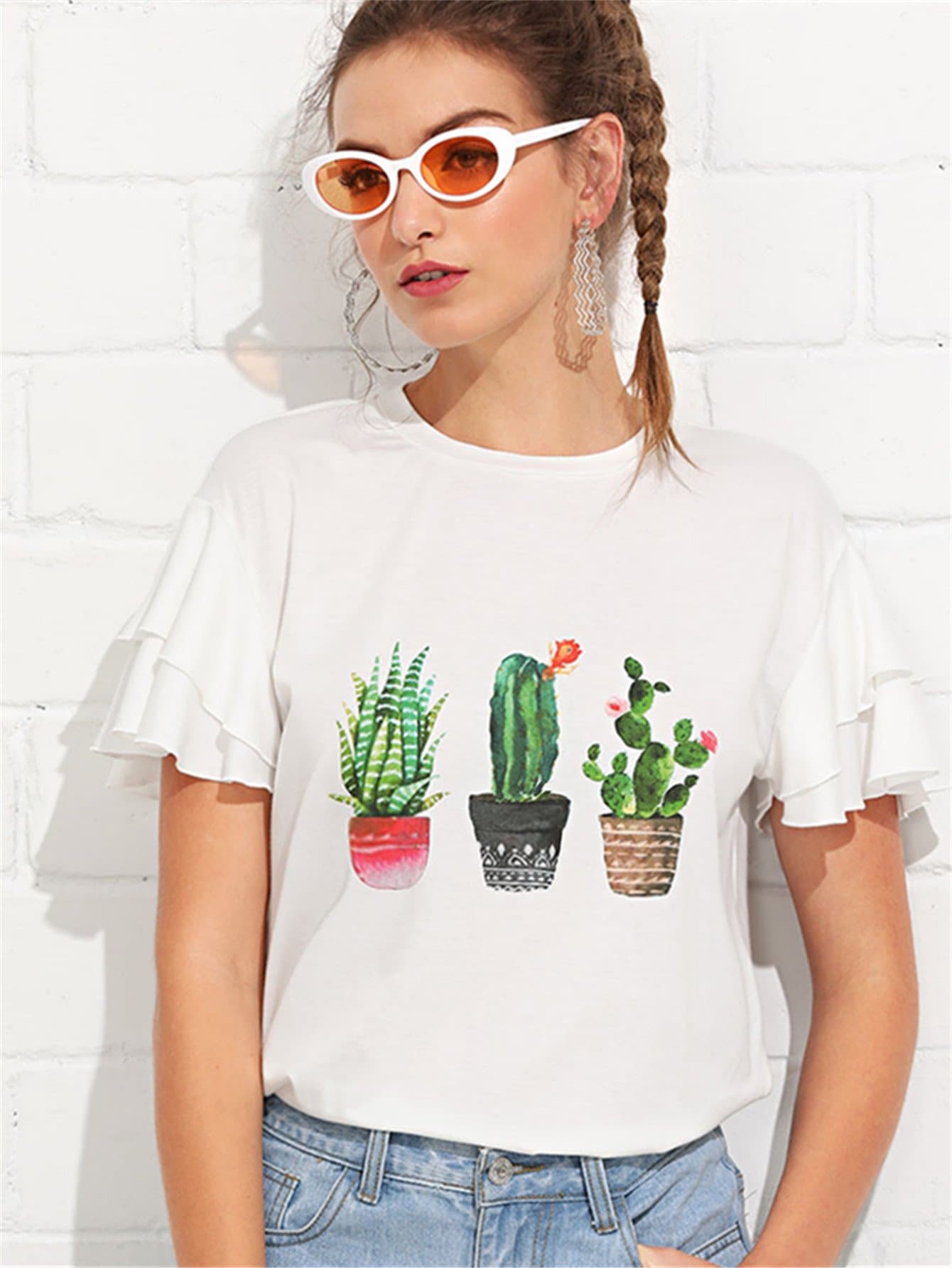 Layered Butterfly Sleeve Cactus Print Tee