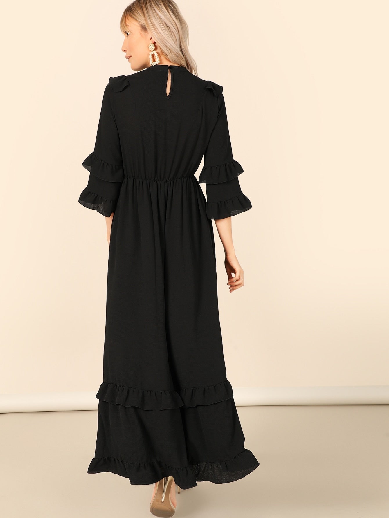 Layered Flounce Trim Keyhole Back Hijab Dress