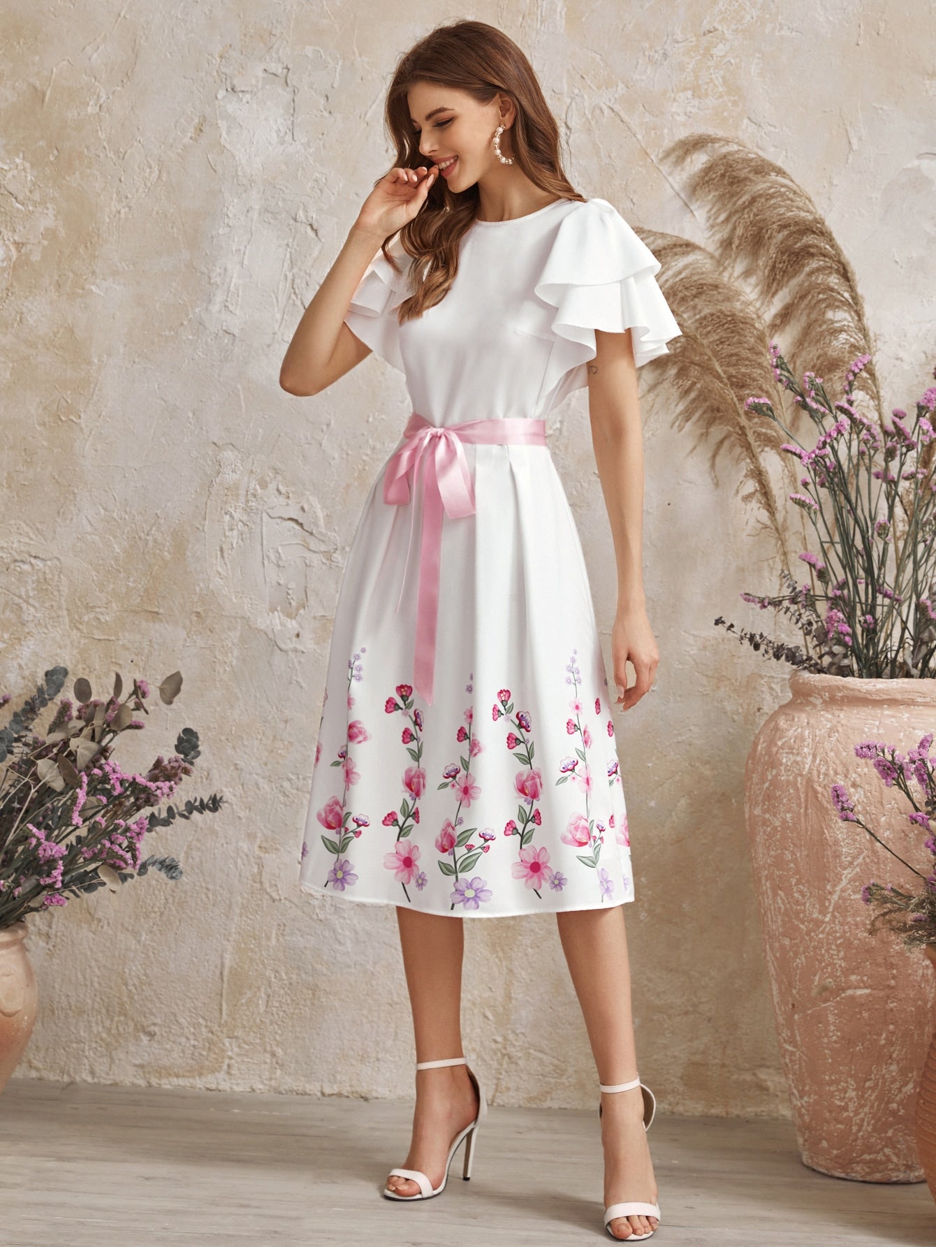 Layered Flutter Sleeve Floral Print Belted Dress