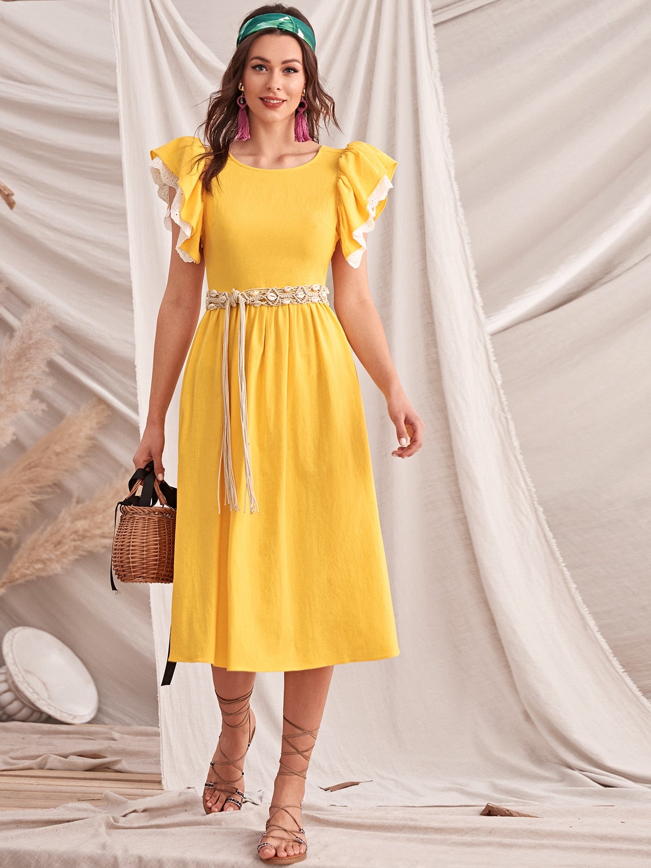 Layered Flutter Sleeve Tie Back Dress Without Belt