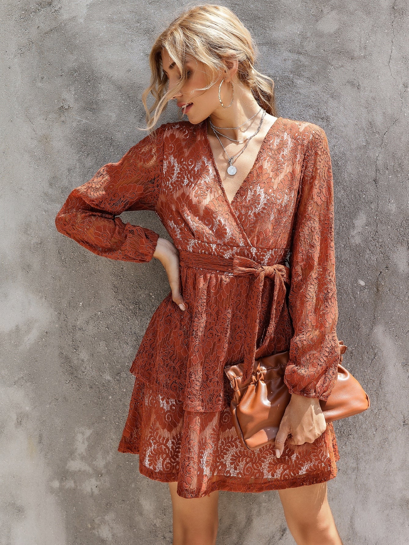 Layered Hem Belted Lace Dress