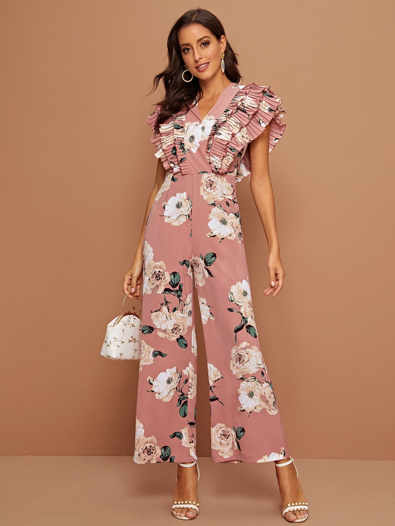 Layered Pleated Trim Floral Print Wide Leg Jumpsuit