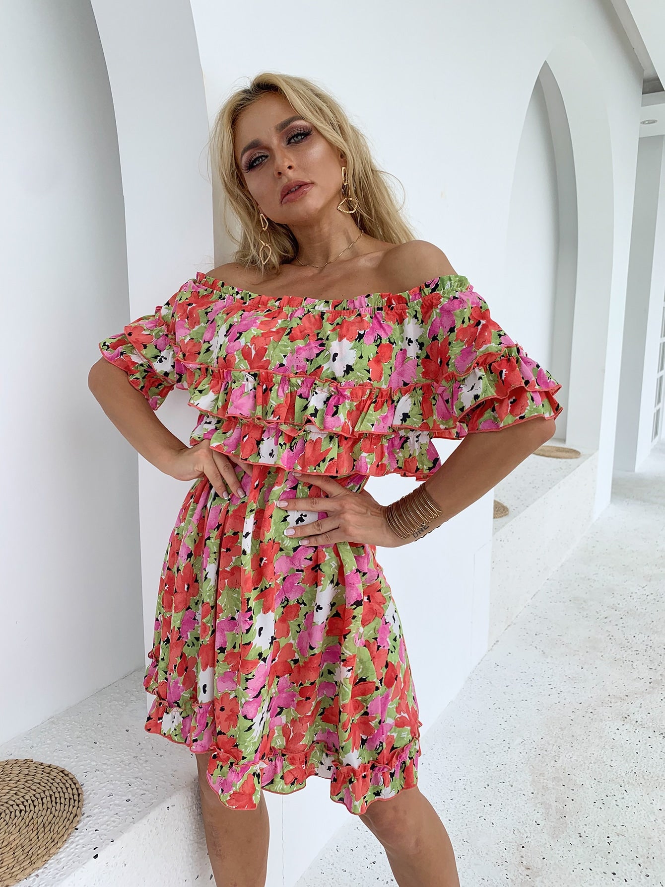 Layered Ruffle Floral Print Bardot Dress