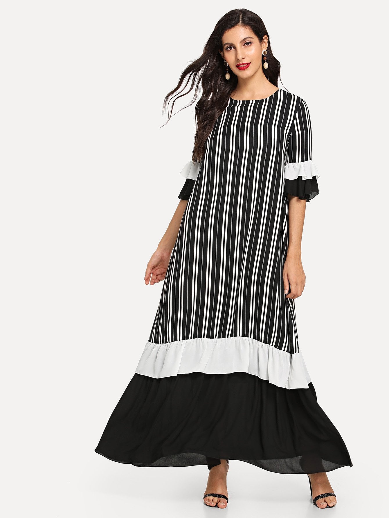 Layered Ruffle Trim Colorblock Striped Hijab Dress