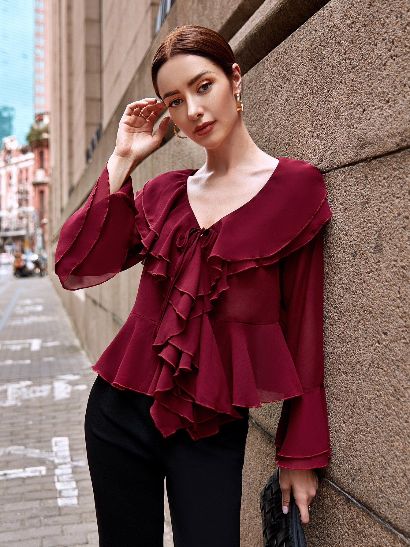 Layered Ruffle Trim Tie Front Top