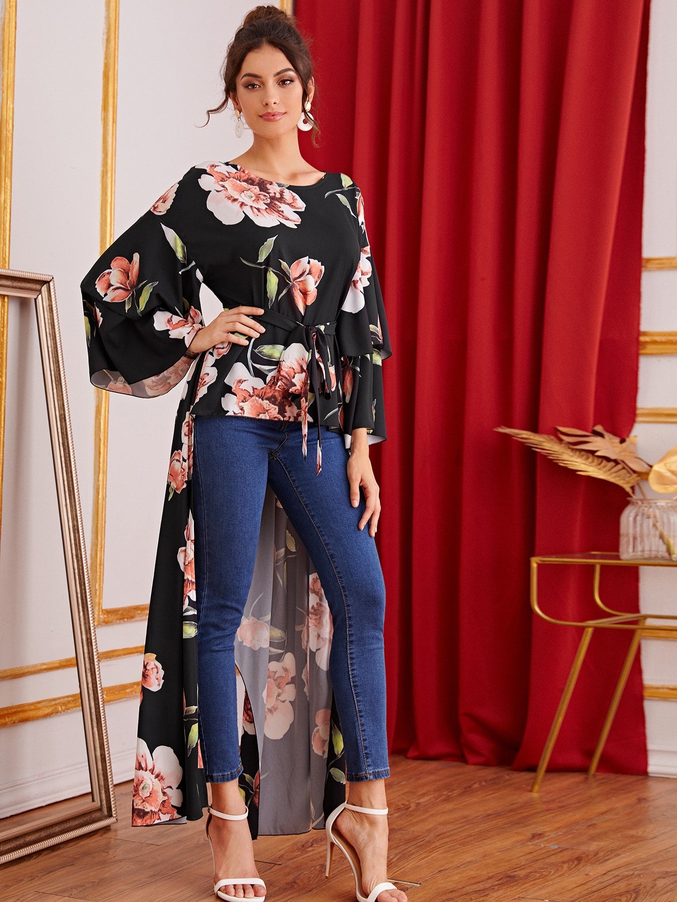 Layered Sleeve Self Belted Floral Print Asymmetrical Top