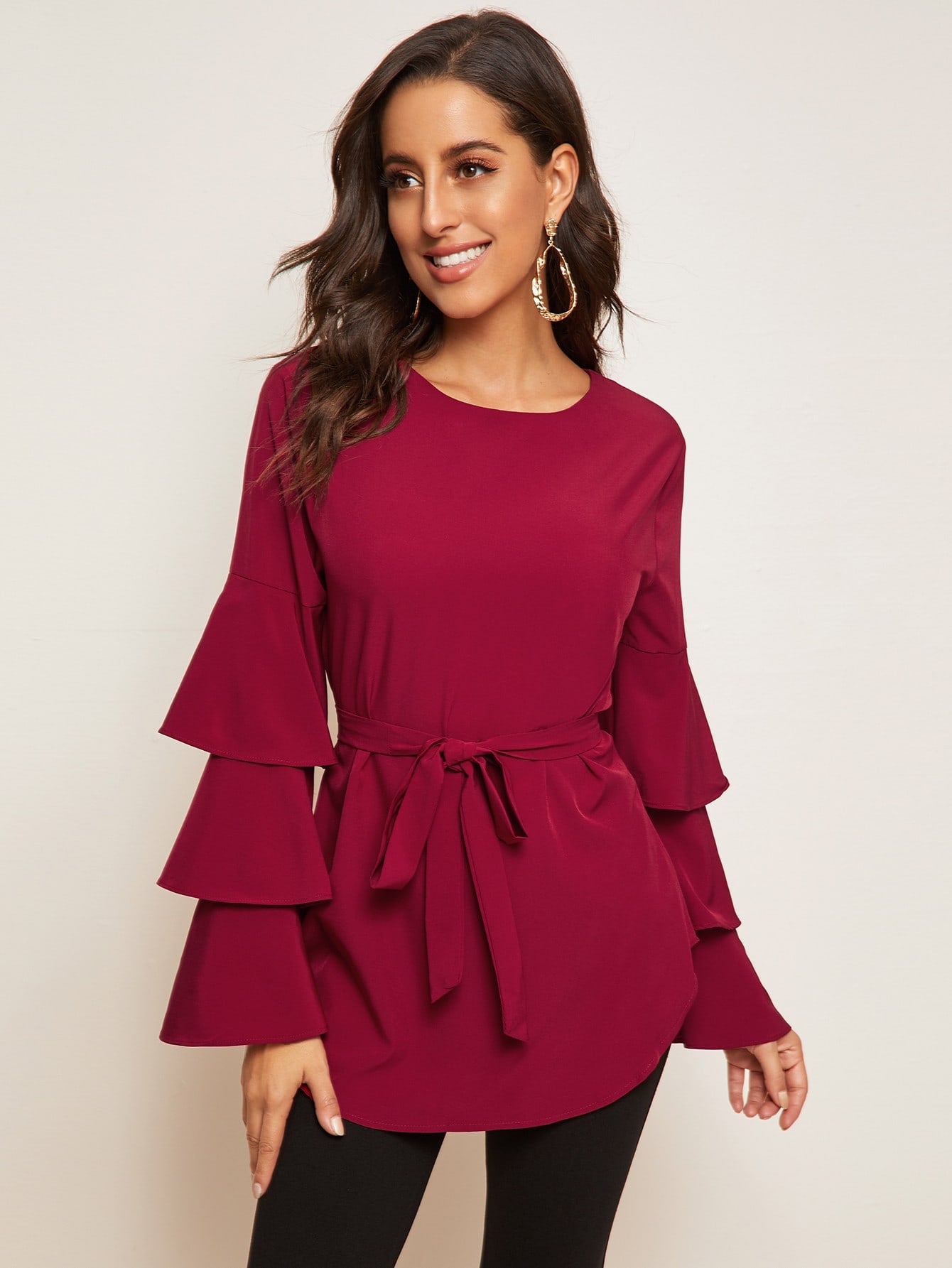 Layered Sleeve Self Tie Blouse