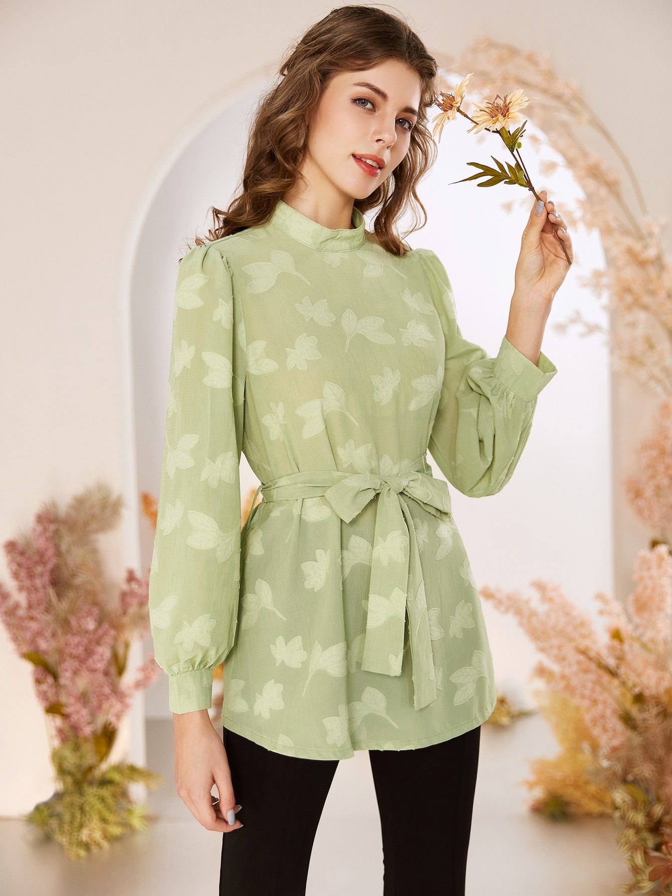 Leaf Pattern Stand Collar Belted Blouse