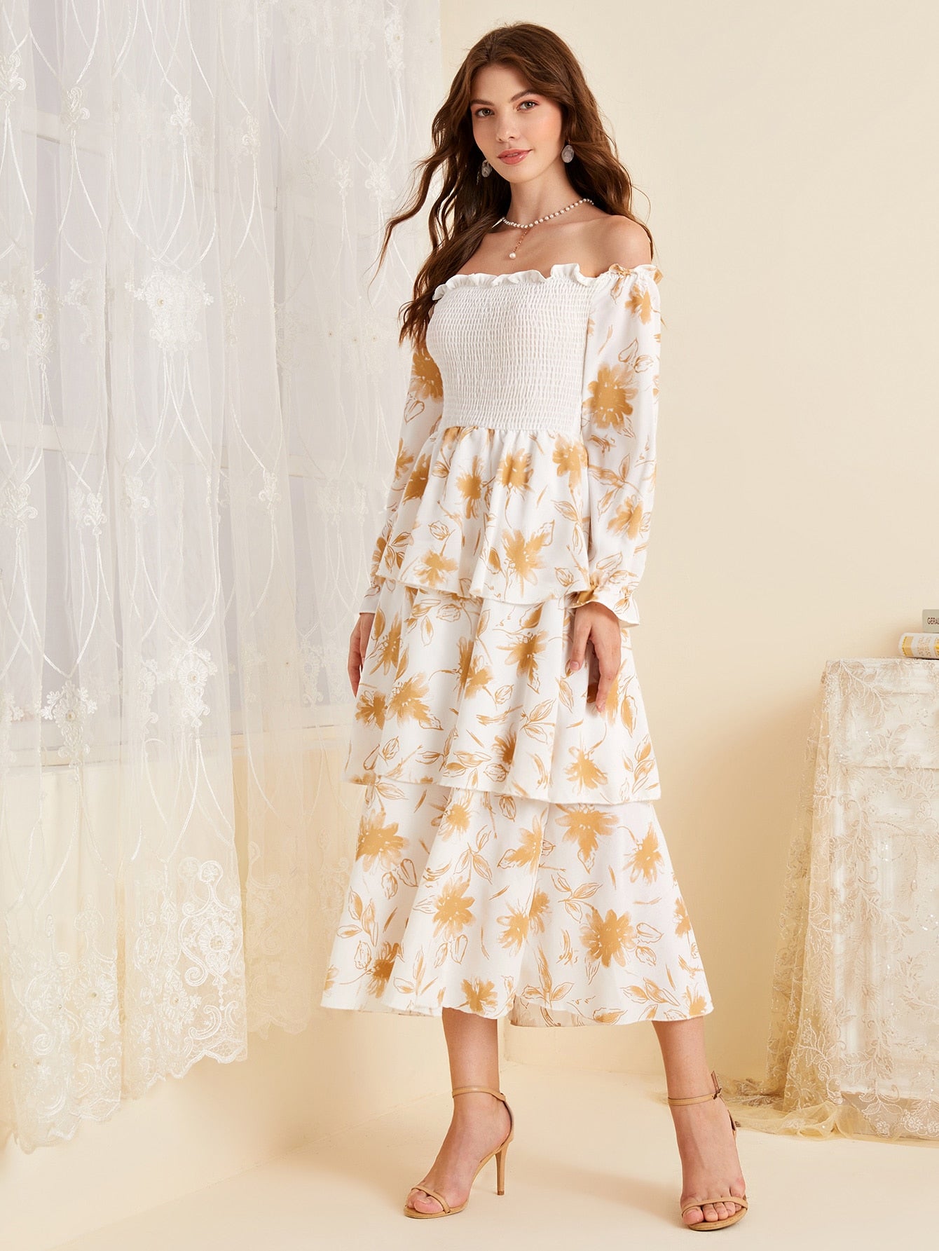 Leaf Print Shirred Bardot Layered Dress