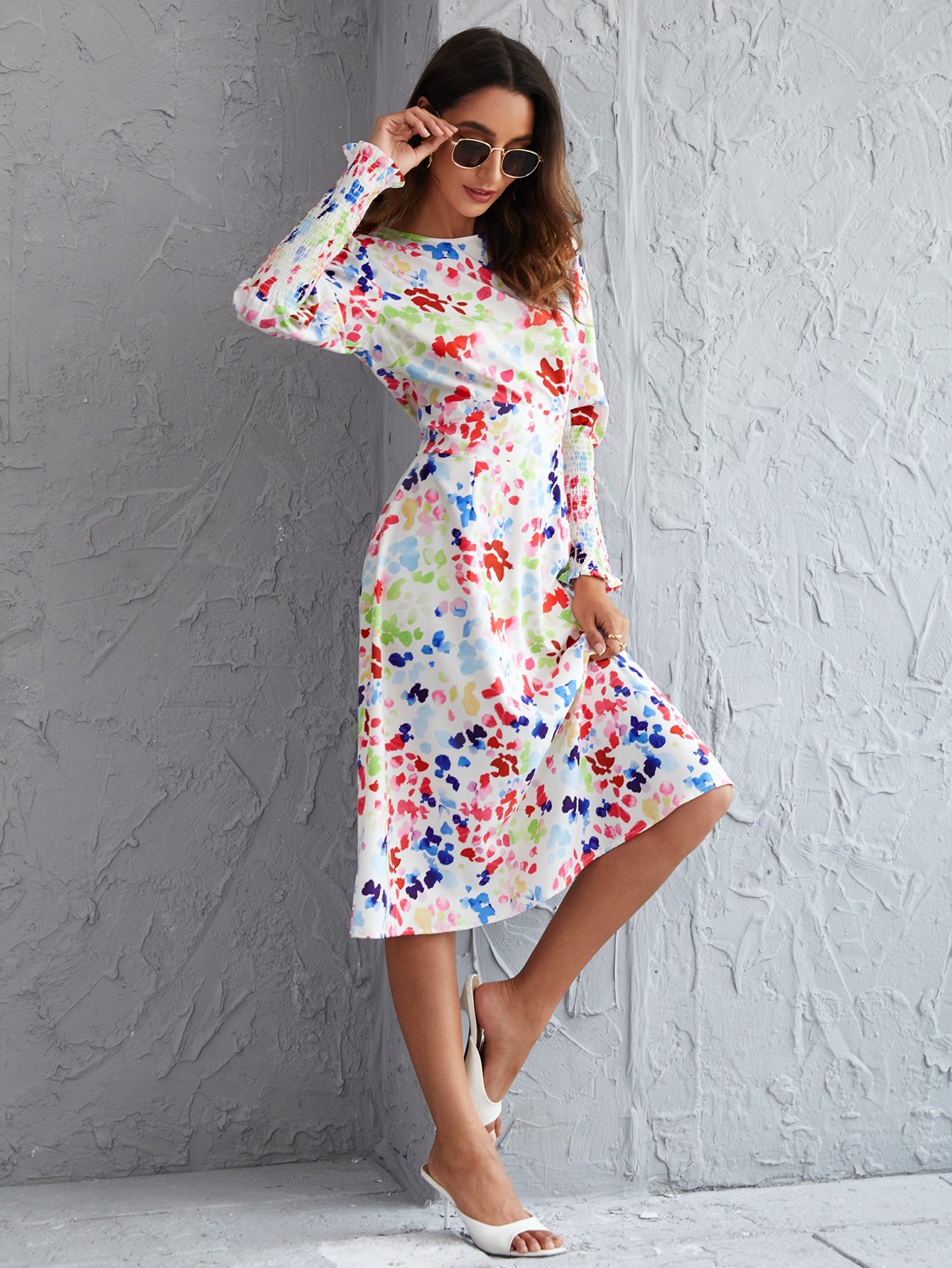 Leg-of-mutton Sleeve Graphic Print Dress