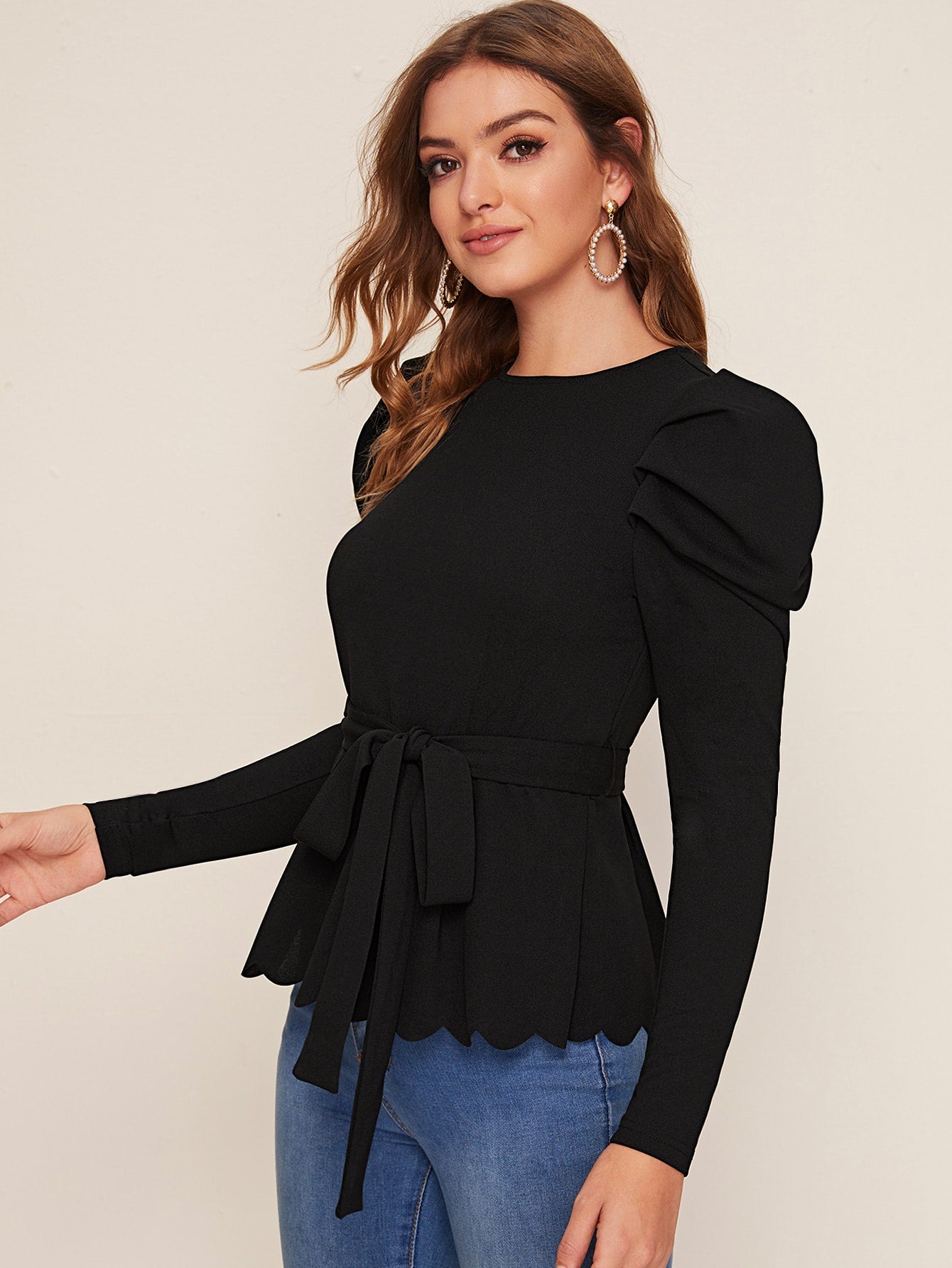 Leg-of-mutton Sleeve Self Belted Scallop Hem Top