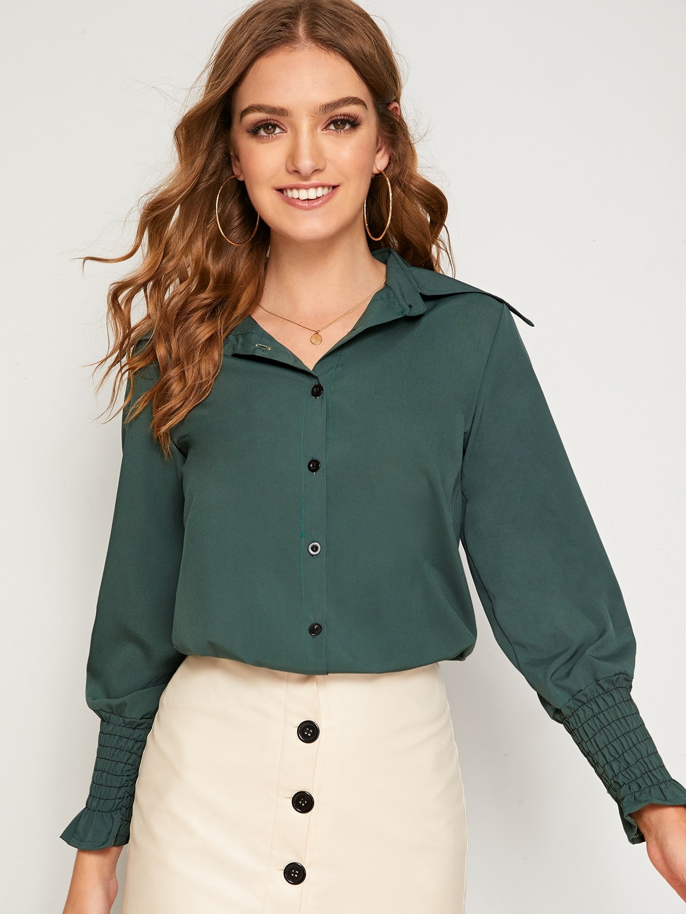 Leg-of-mutton Sleeve Shirred Cuff Single Breasted Blouse