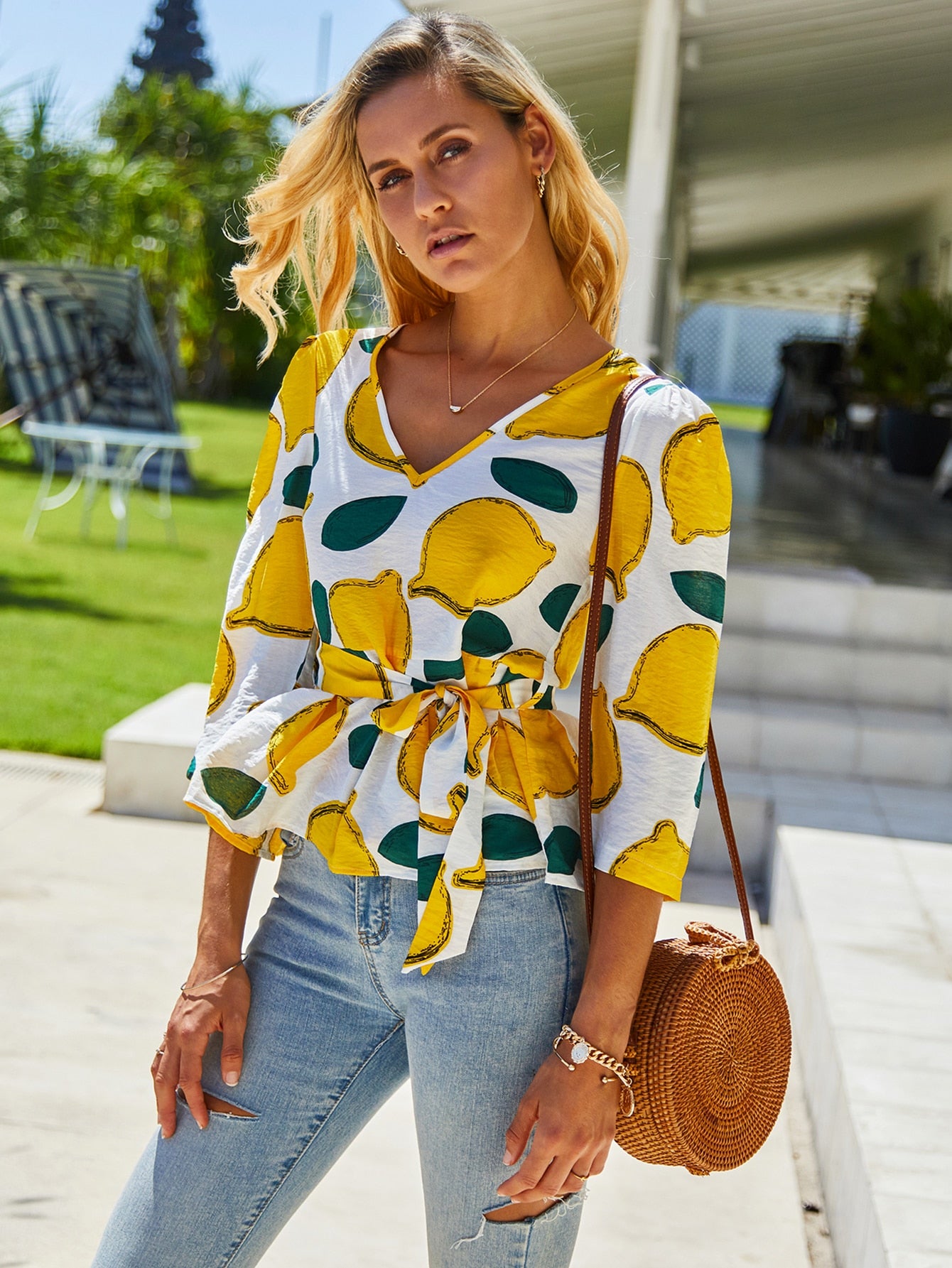 Lemon Print Self Tie V-Neck Blouse