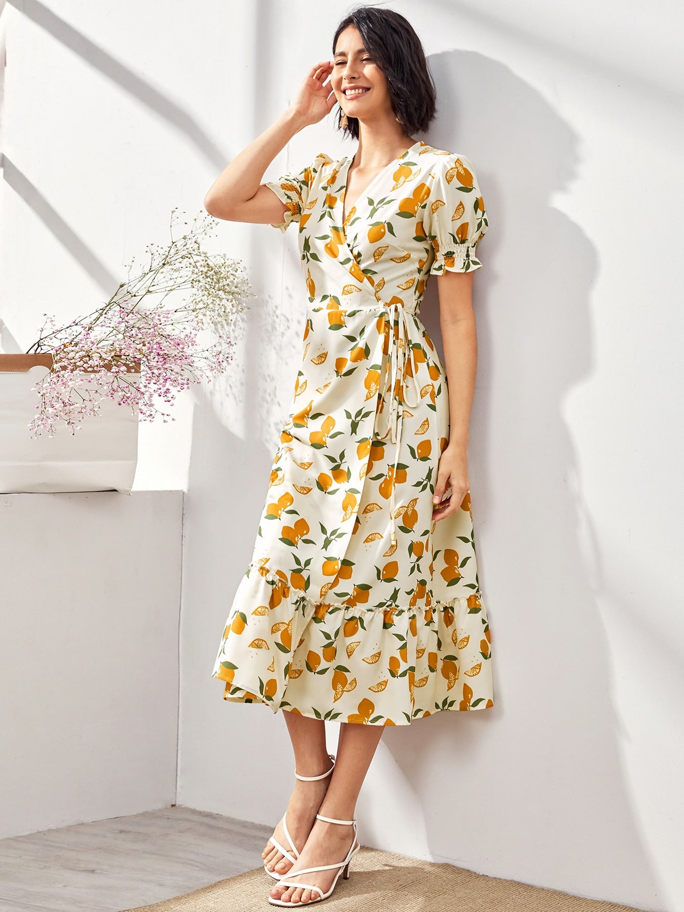 Lemon Print Tie Side Wrap Dress