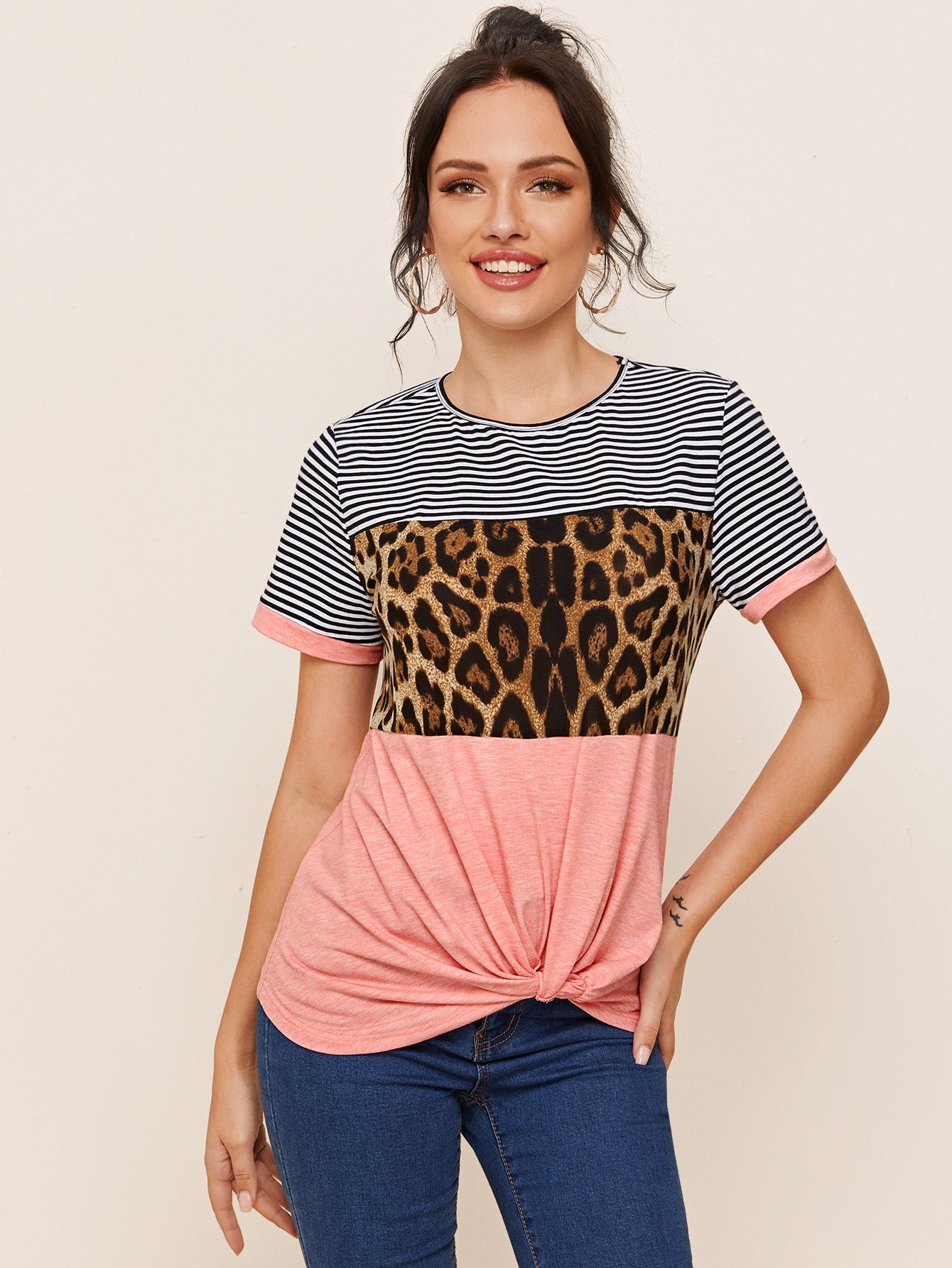 Leopard and Striped Panel Twist Hem Tee