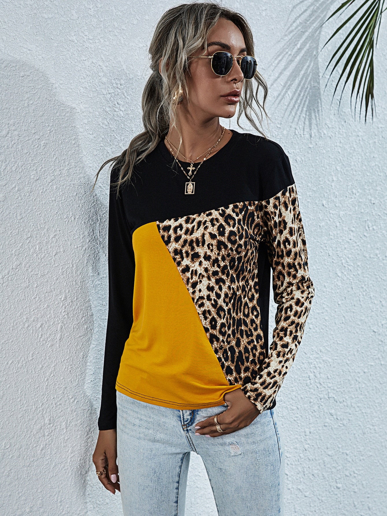 Leopard Colorblock Round Neck Tee