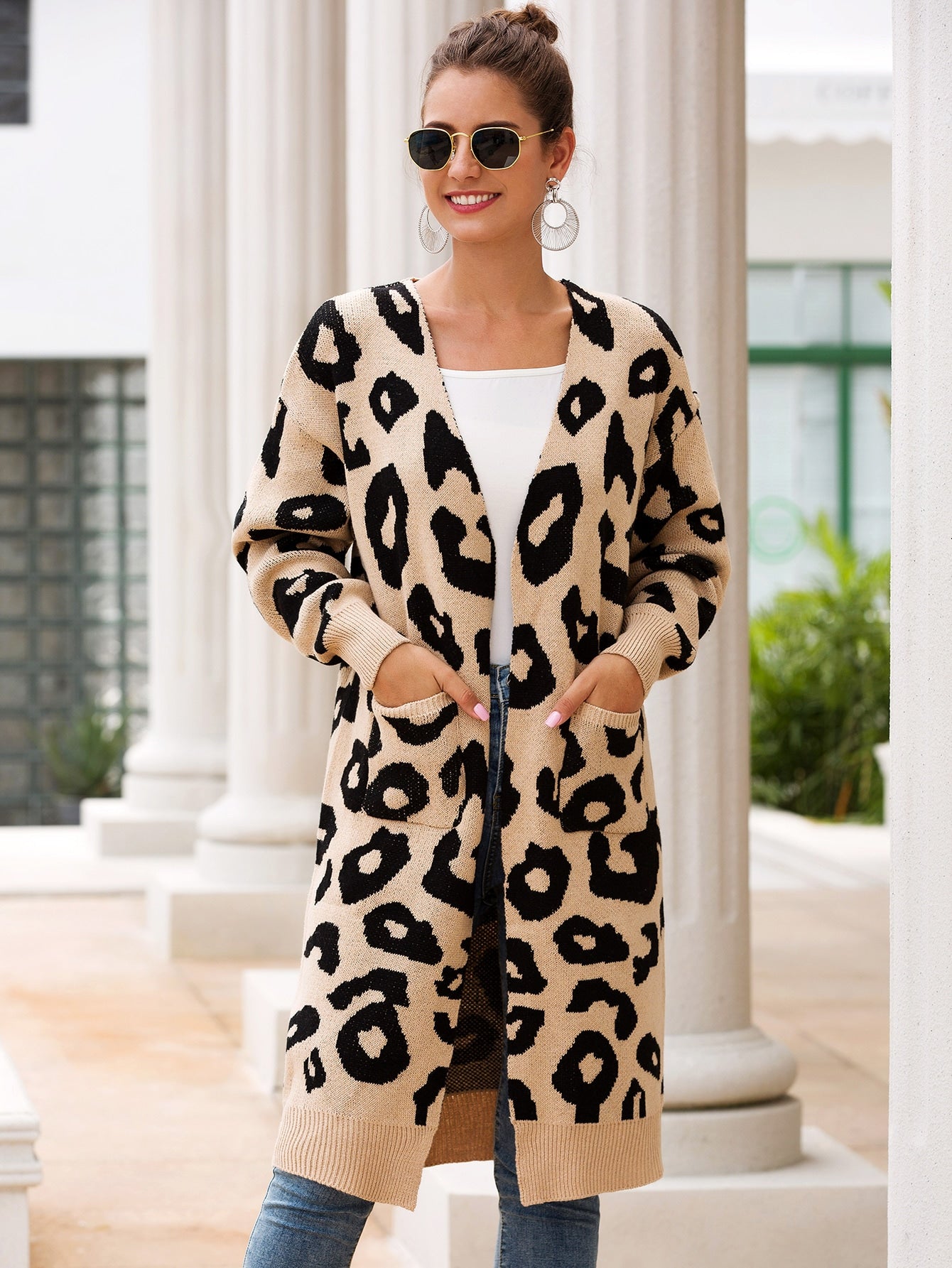 Leopard Open Front Dual Pocket Cardigan