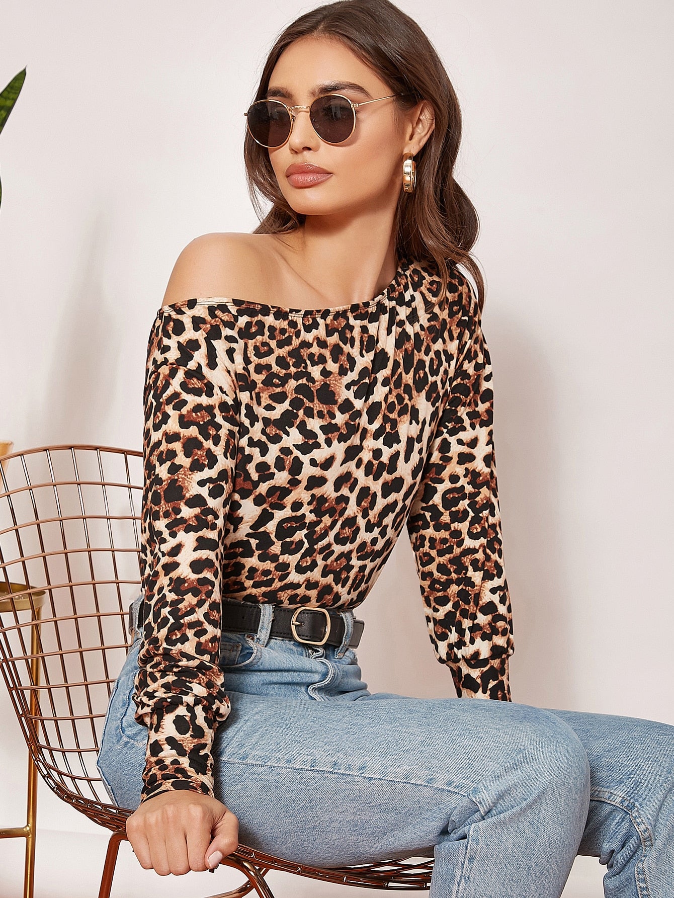 Leopard Print Asymmetrical Neck Lantern Sleeve Top