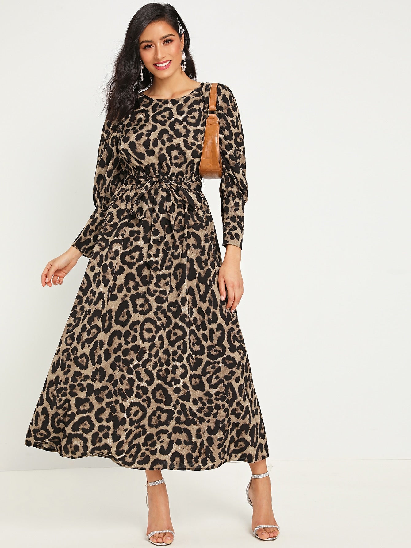 Leopard Print Belted Dress Without Bag