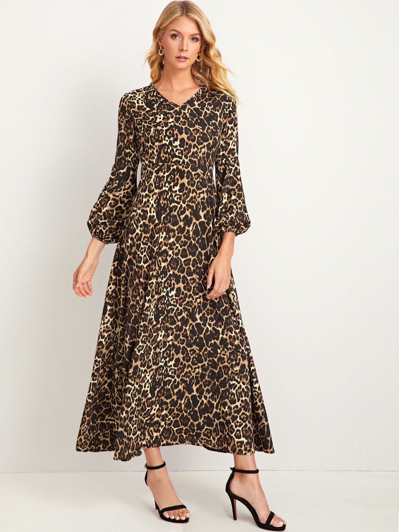 Leopard Print Bishop Sleeve Dress