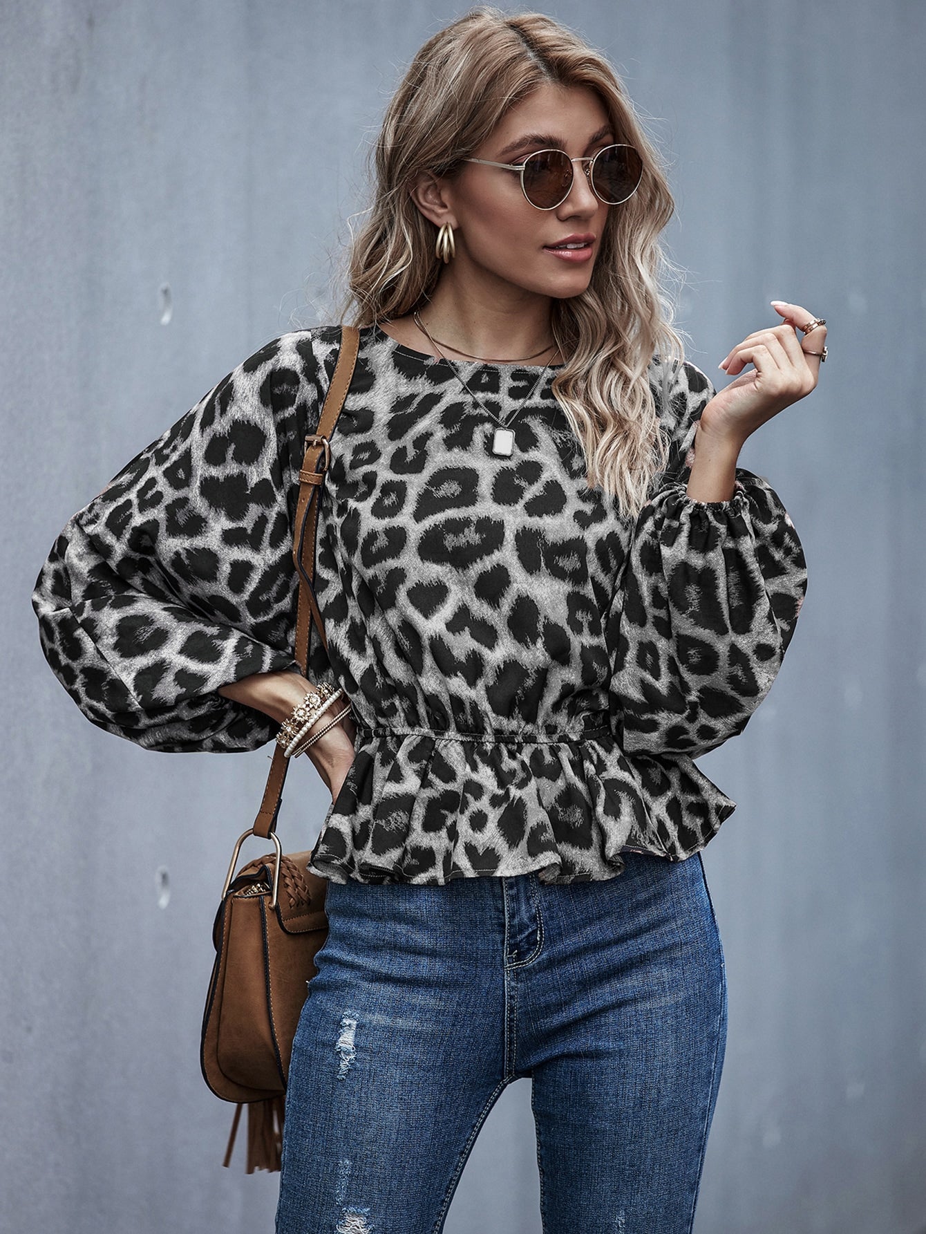 Leopard Print Lantern Sleeve Peplum Blouse