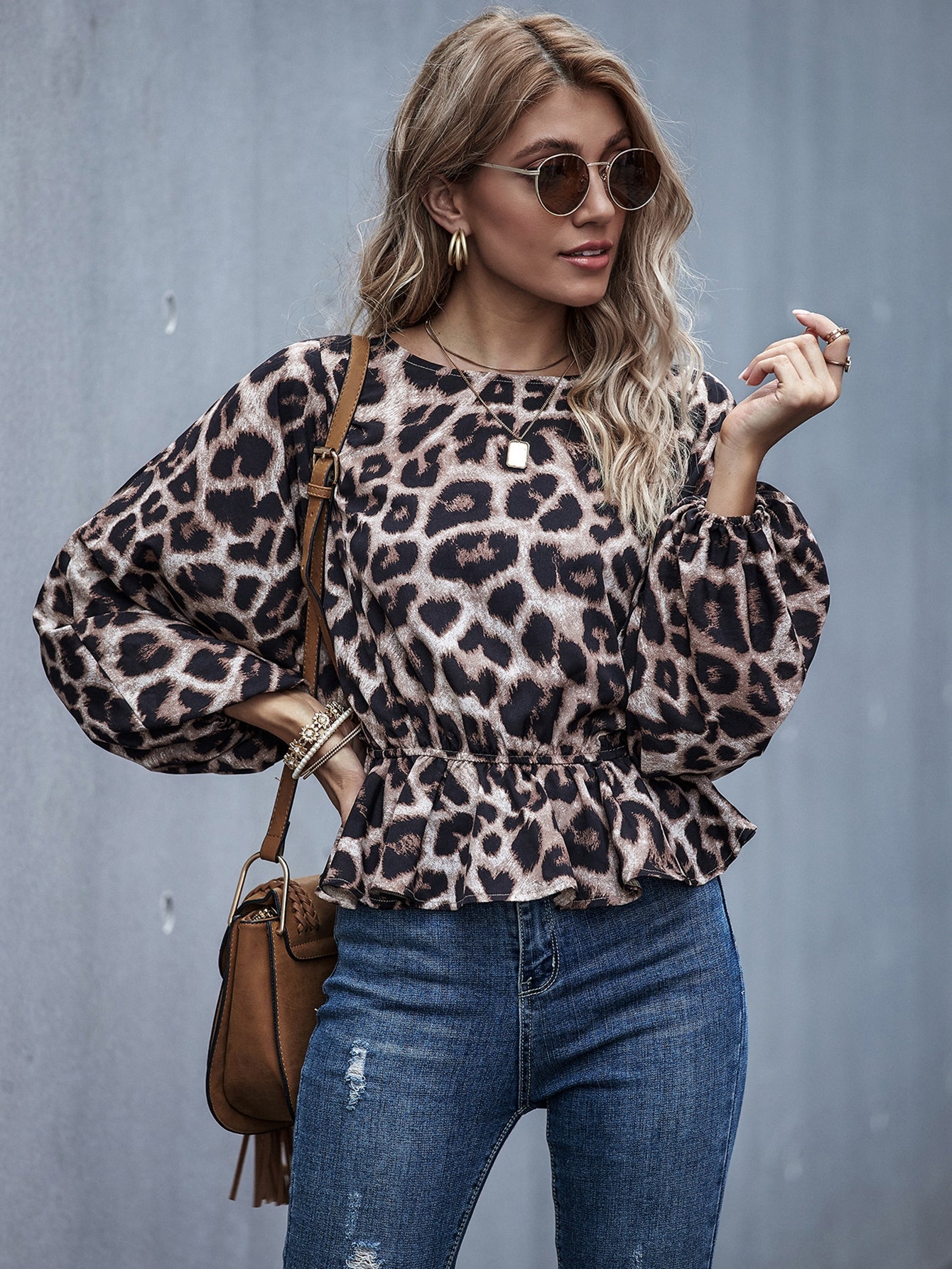 Leopard Print Lantern Sleeve Peplum Blouse