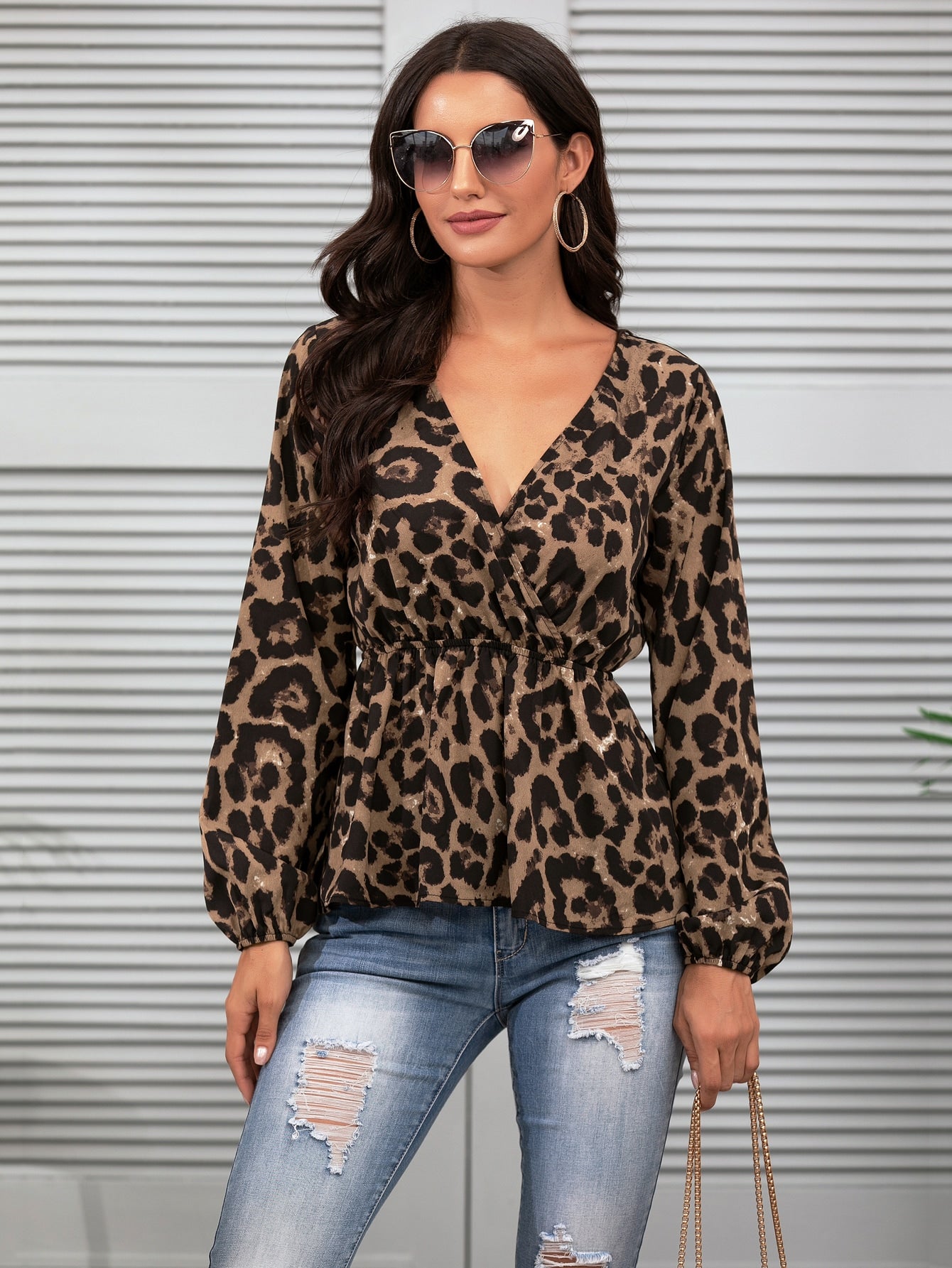 Leopard Print Surplice Front Peplum Blouse