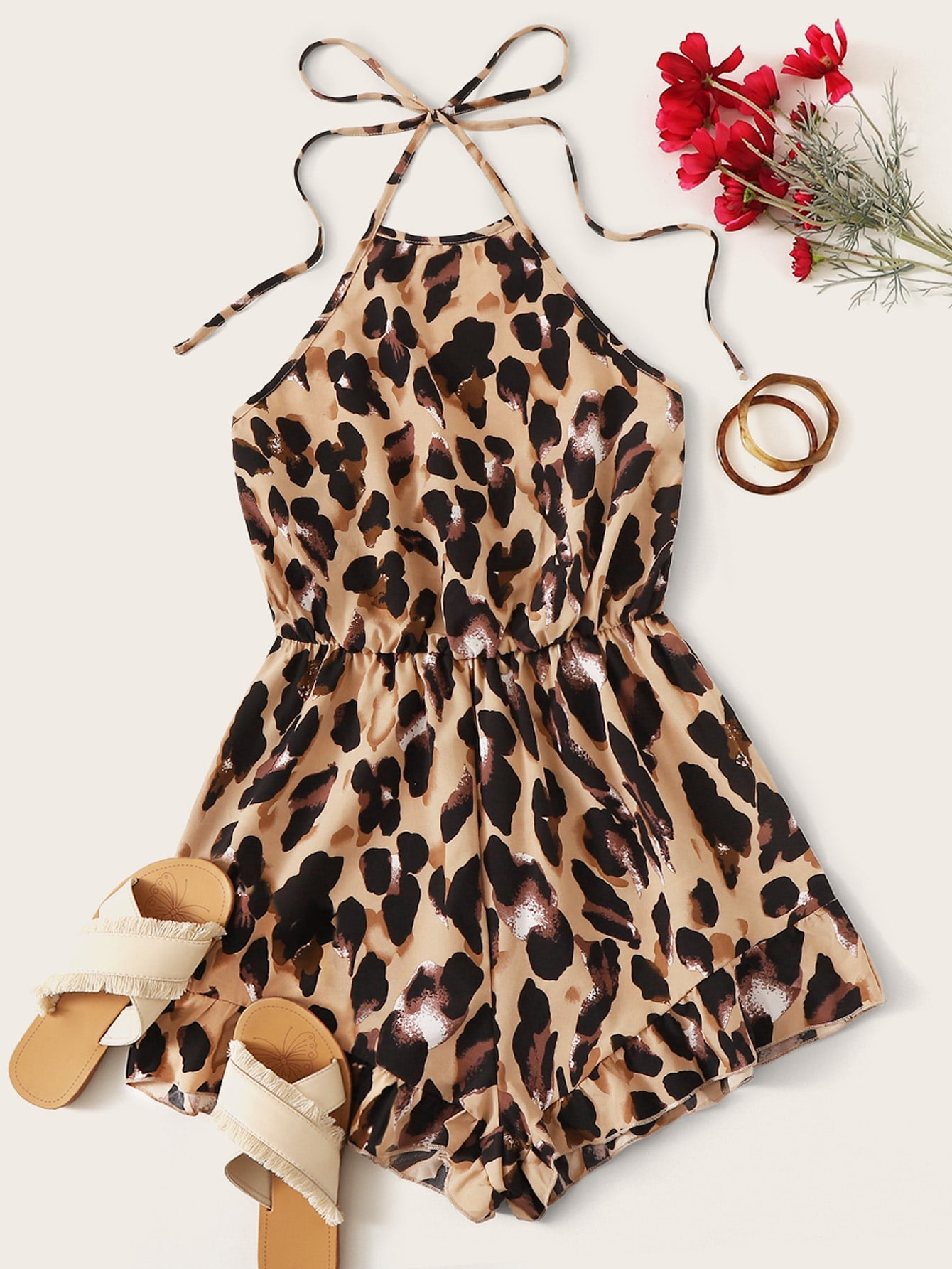 Leopard Print Tie Back Halter Romper