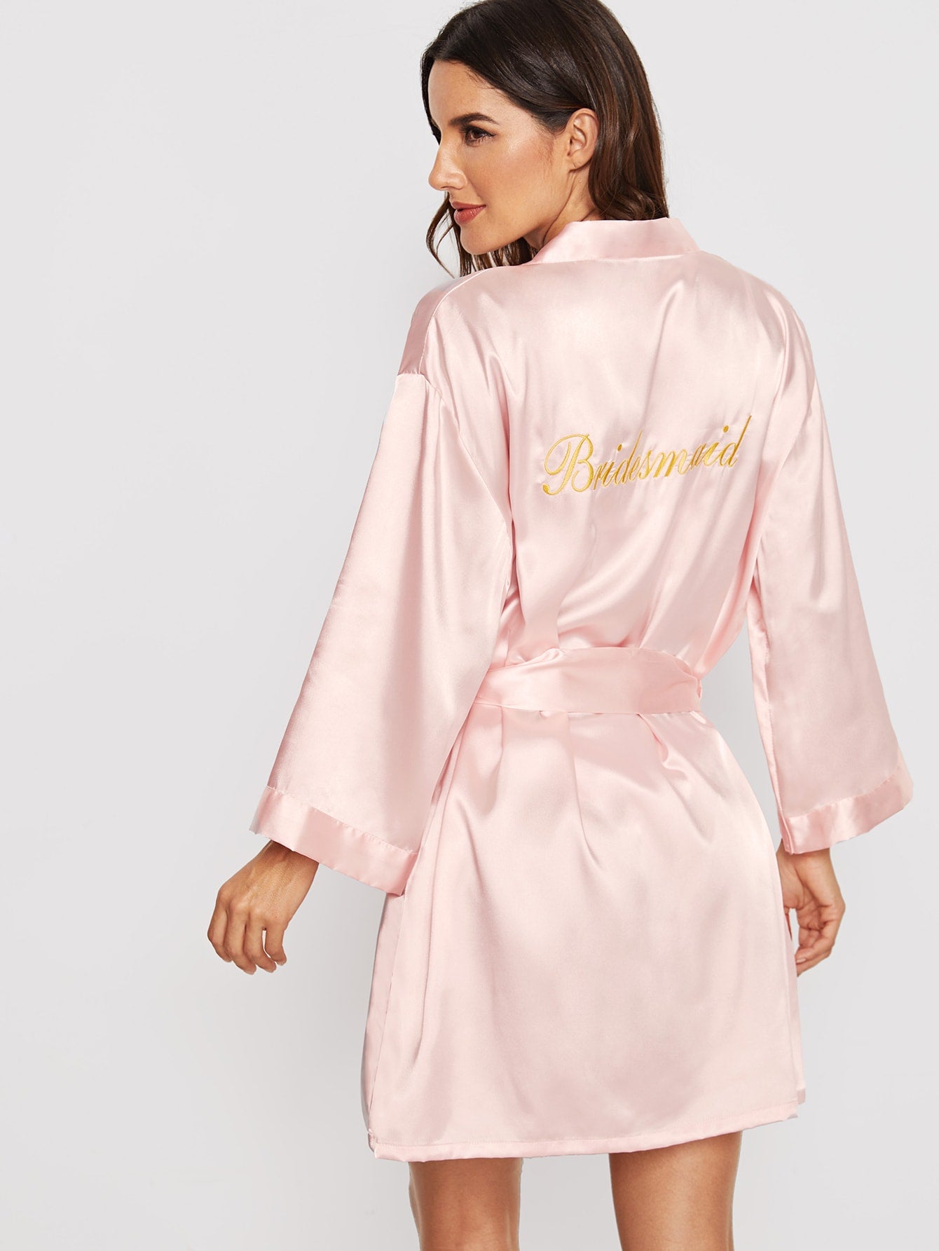 Letter Embroidered Self Belted Satin Bridesmaid Robe