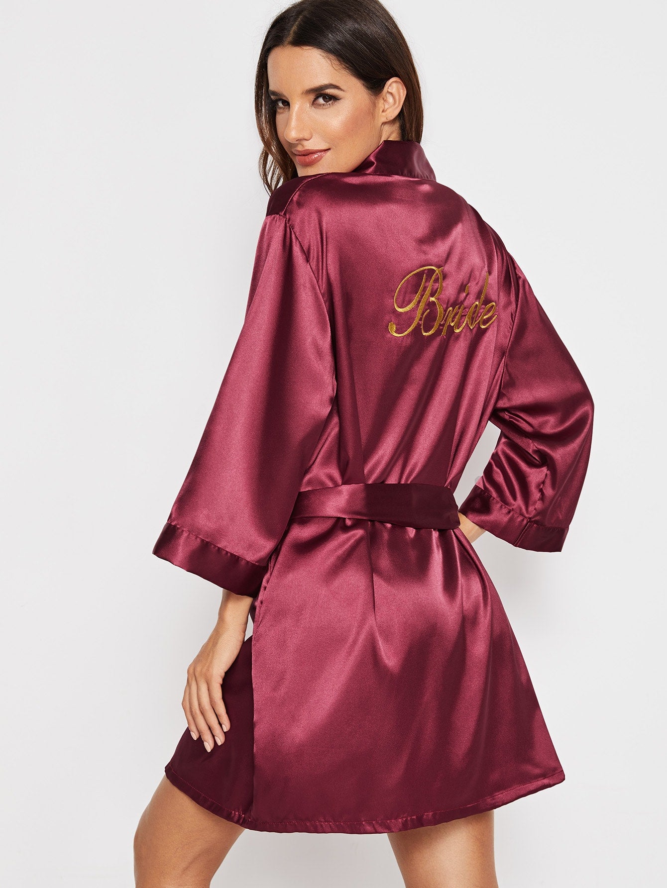 Letter Embroidered Self Belted Satin Robe