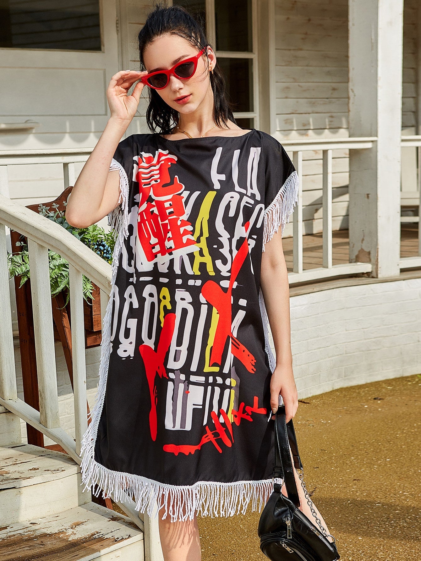 Letter Graphic Fringe Trim Longline Blouse