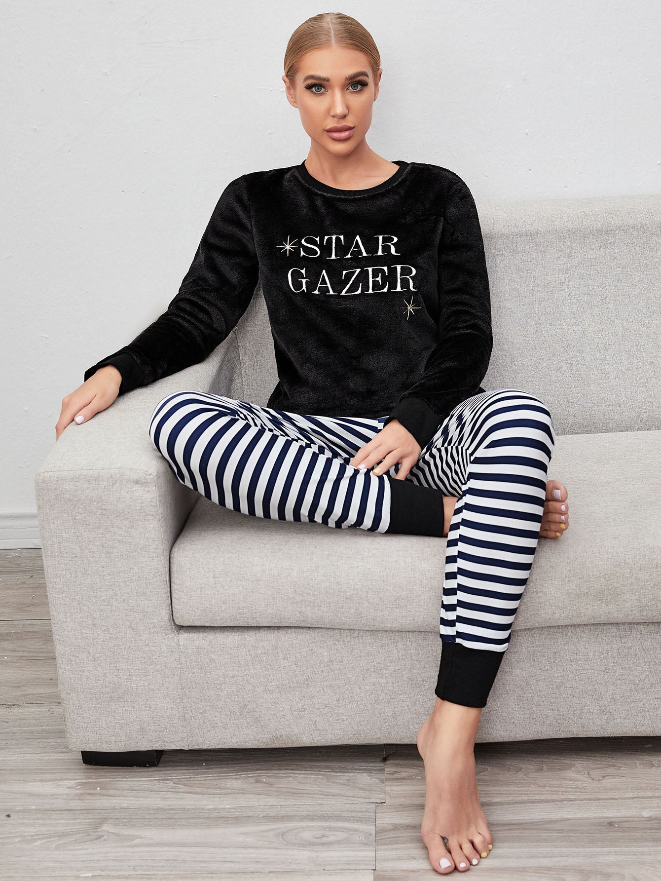 Letter Graphic Striped Pajama Set