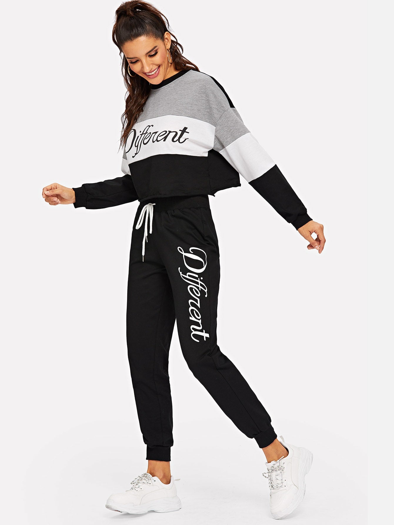 Letter Print Colorblock Pullover and Sweatpants Set