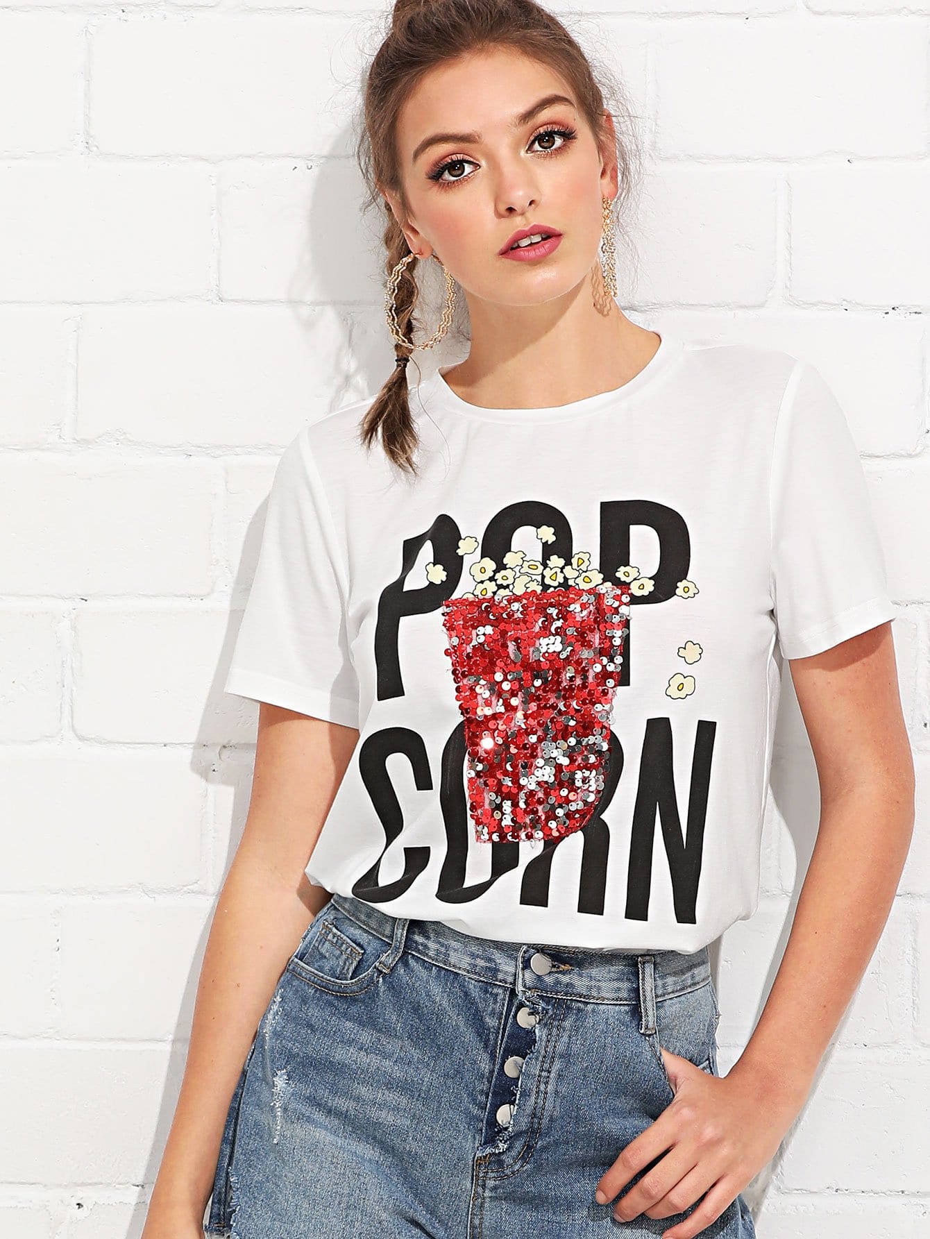 Letter Print Sequin Popcorn T-shirt